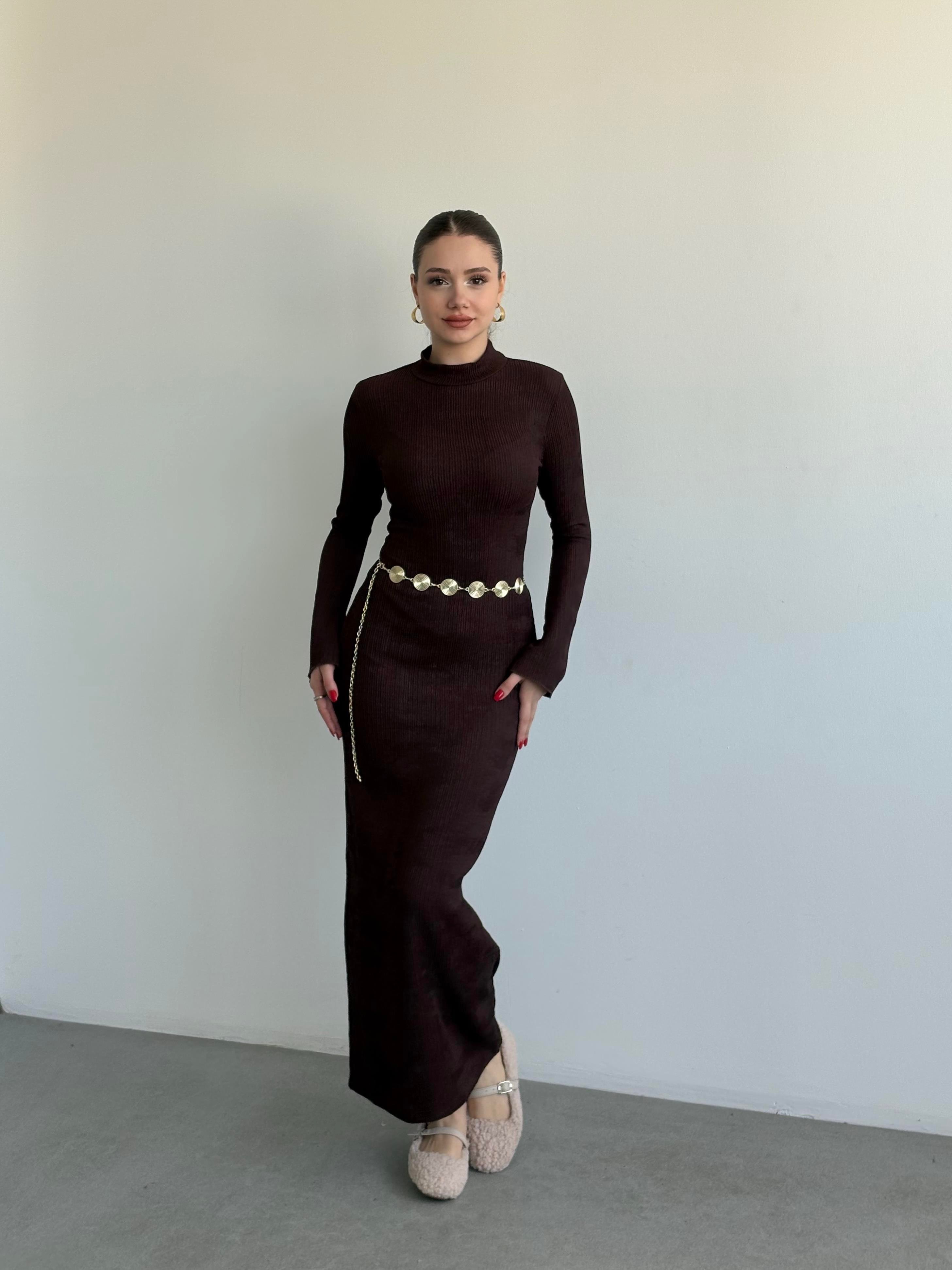Meloni Gold Kemerli Uzun Elbise 