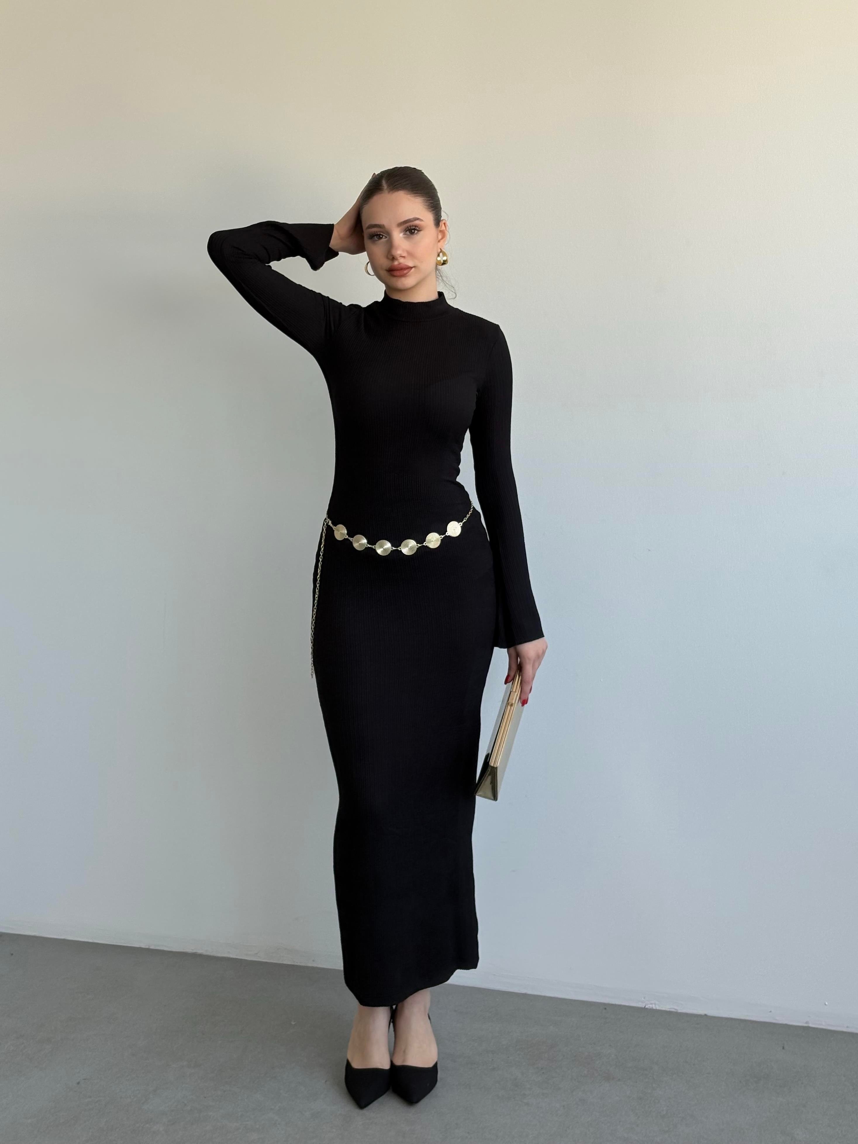 Meloni Gold Kemerli Uzun Elbise 