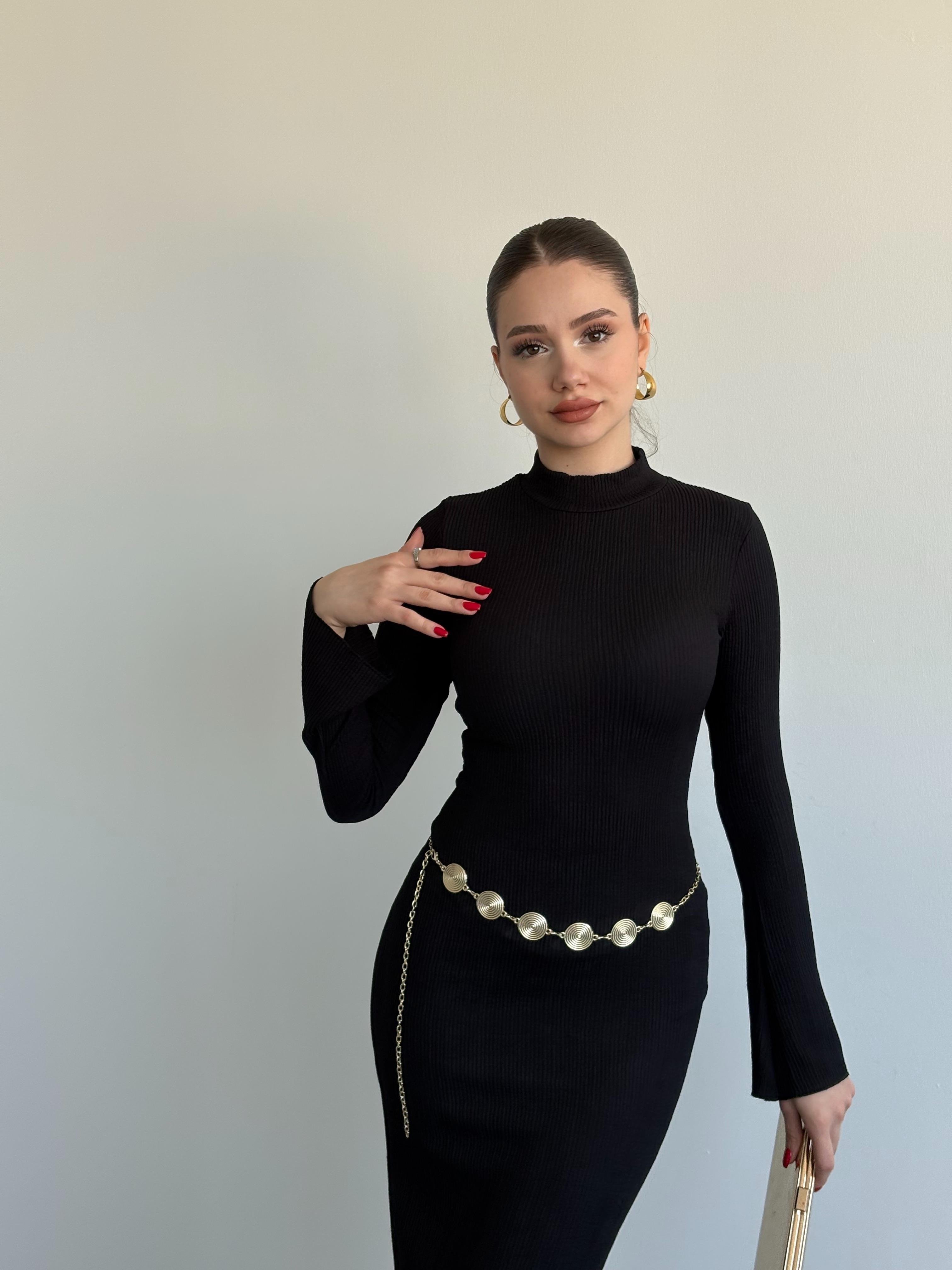 Meloni Gold Kemerli Uzun Elbise 