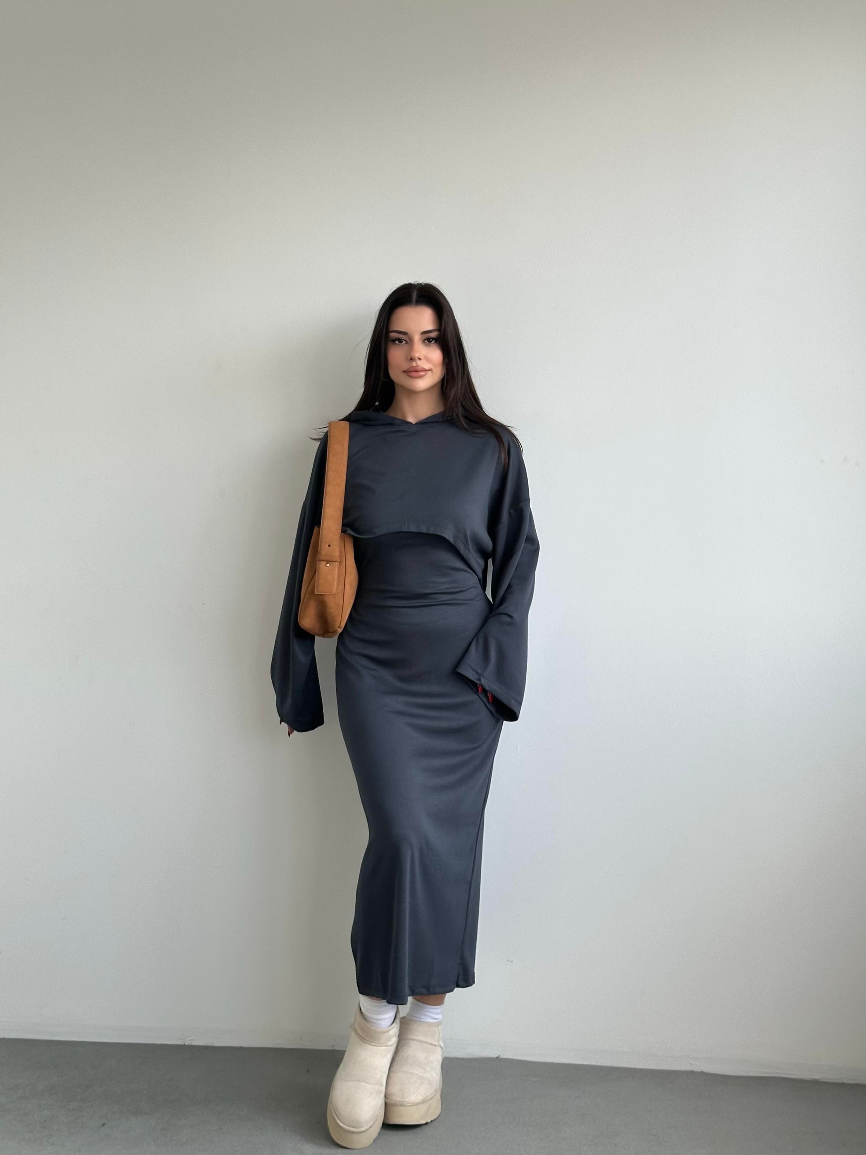 Modal Kapuşonlu Elbise Takım