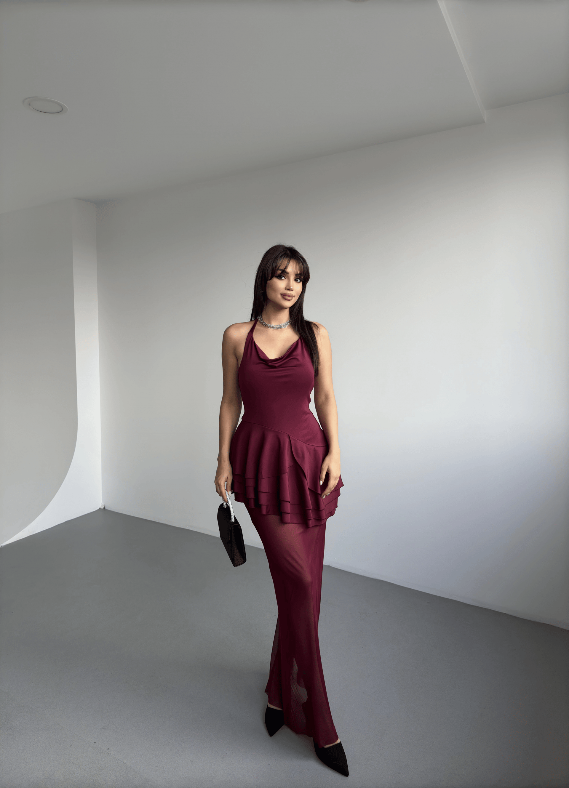 Monica Tül Detay Uzun Elbise