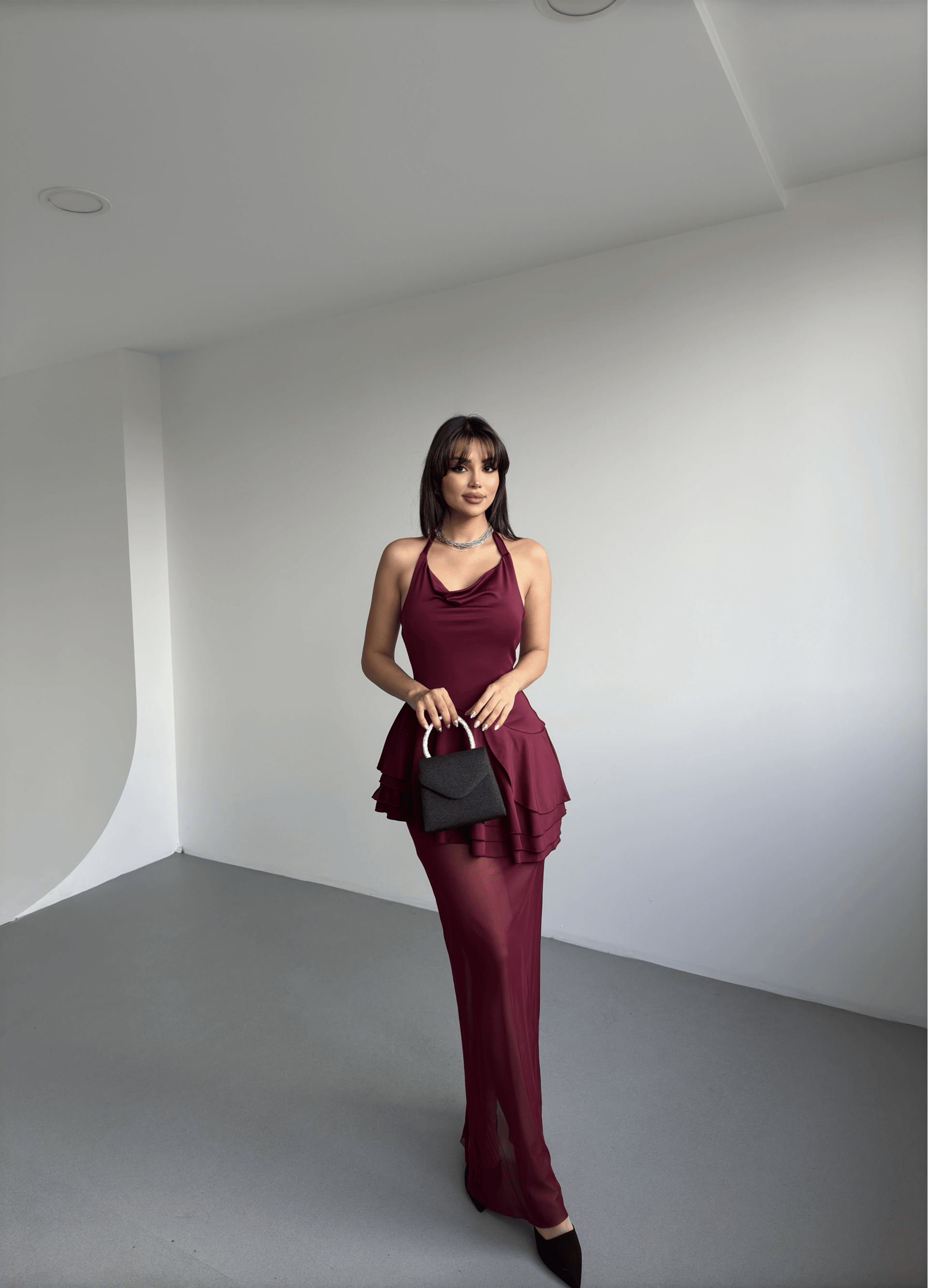 Monica Tül Detay Uzun Elbise