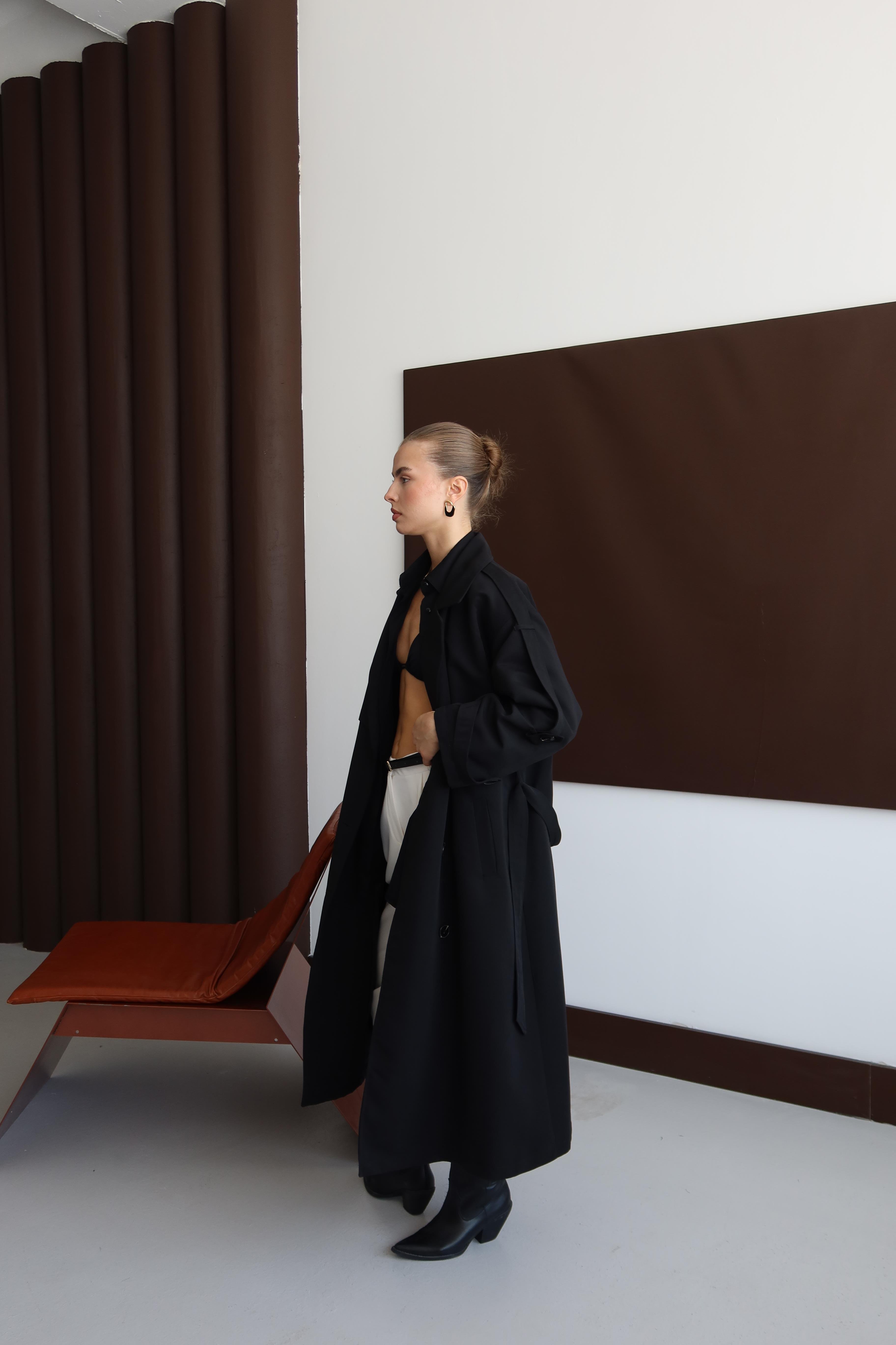 Oversize Premium Trençkot Siyah