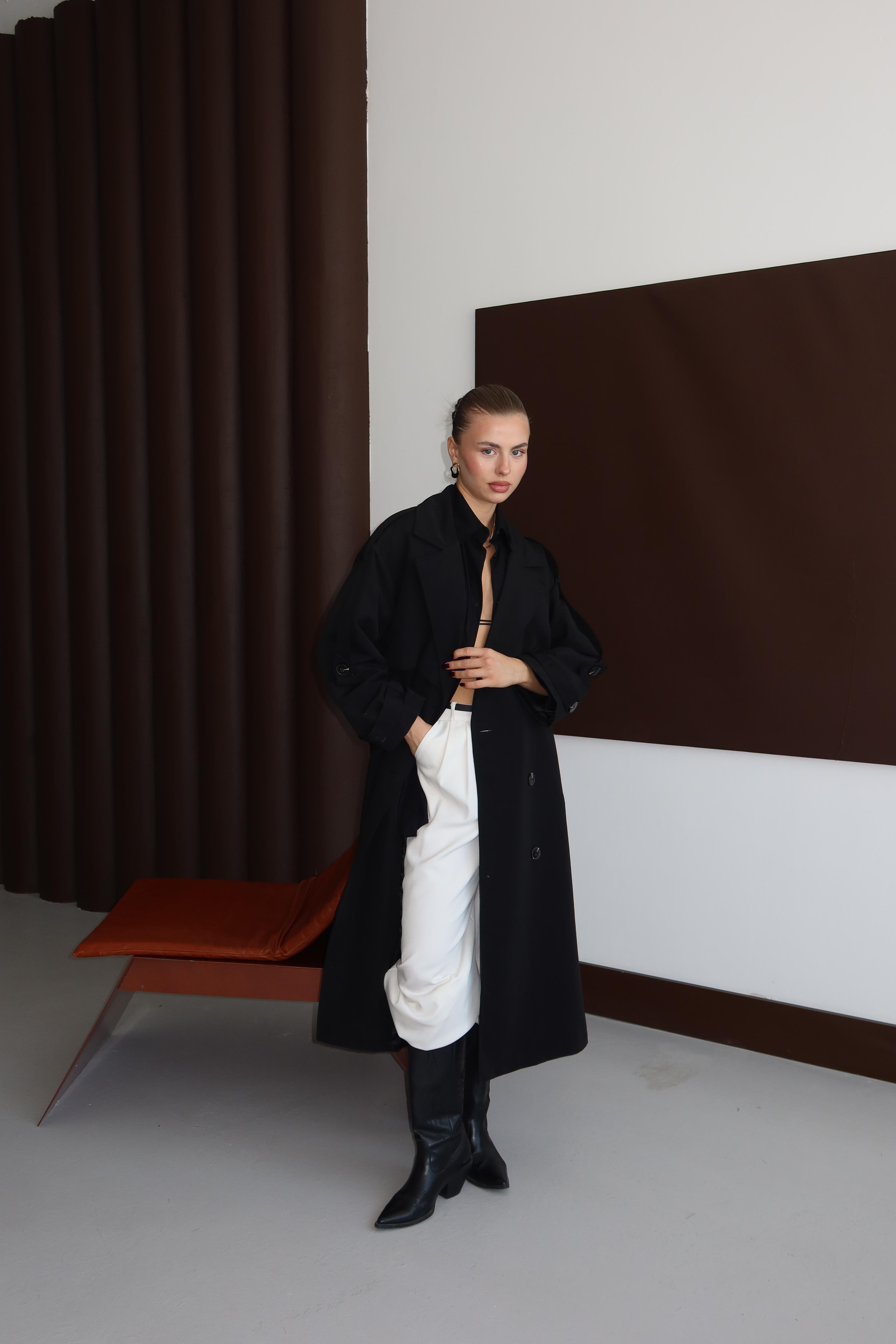 Oversize Premium Trençkot Siyah