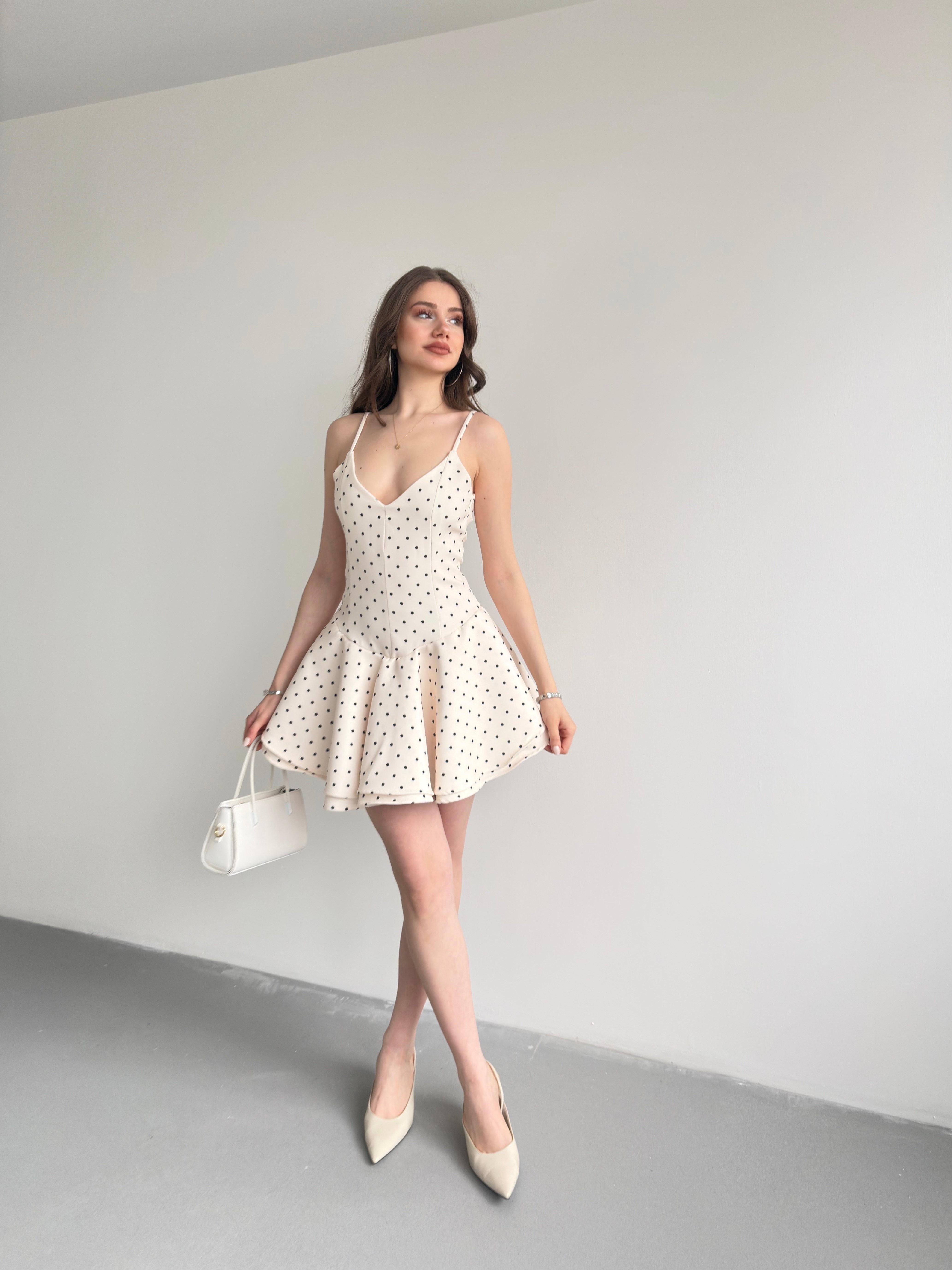 Puantiyeli Askılı Şort Elbise