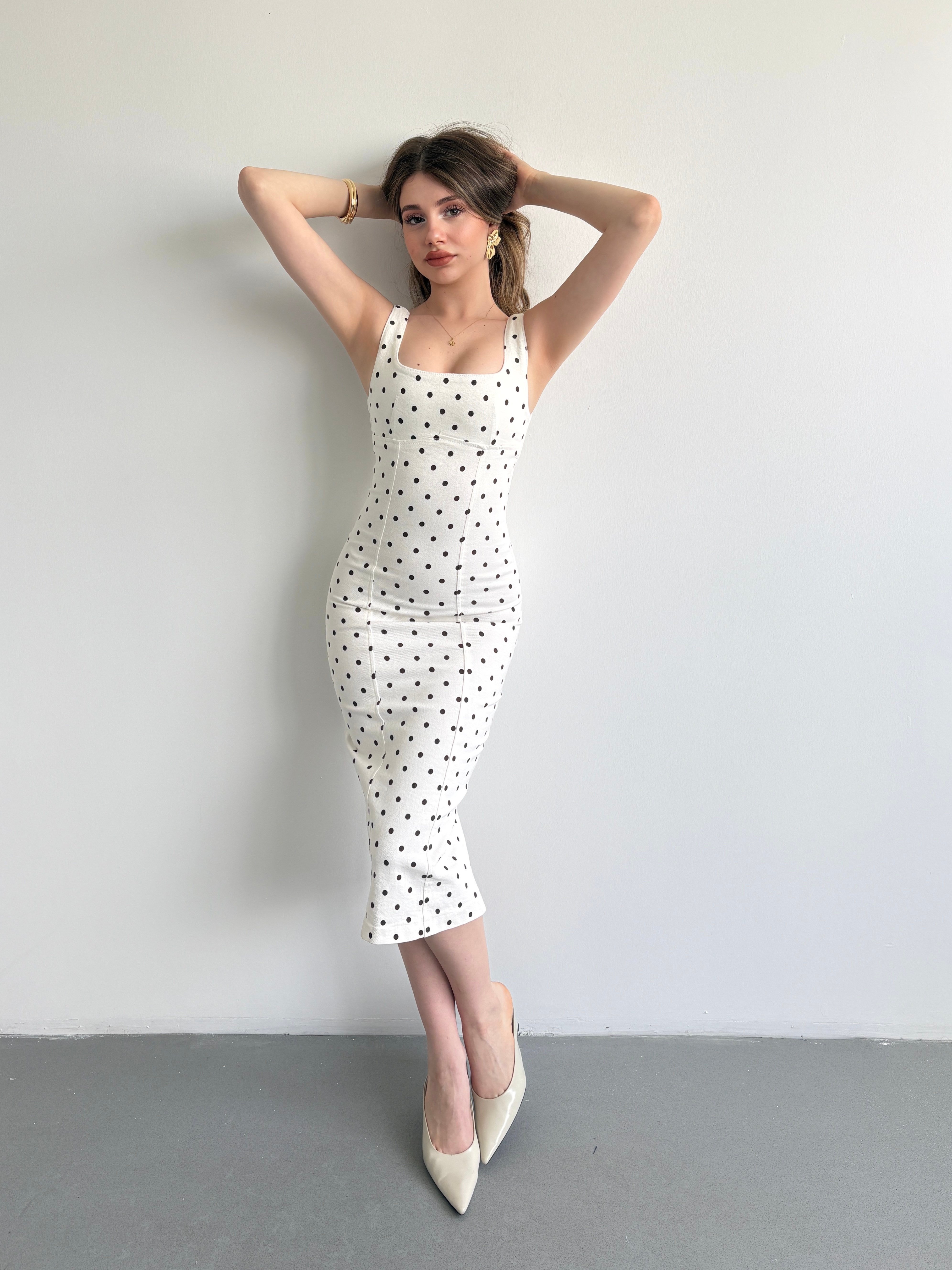 Puantiyeli Denim Midi Elbise