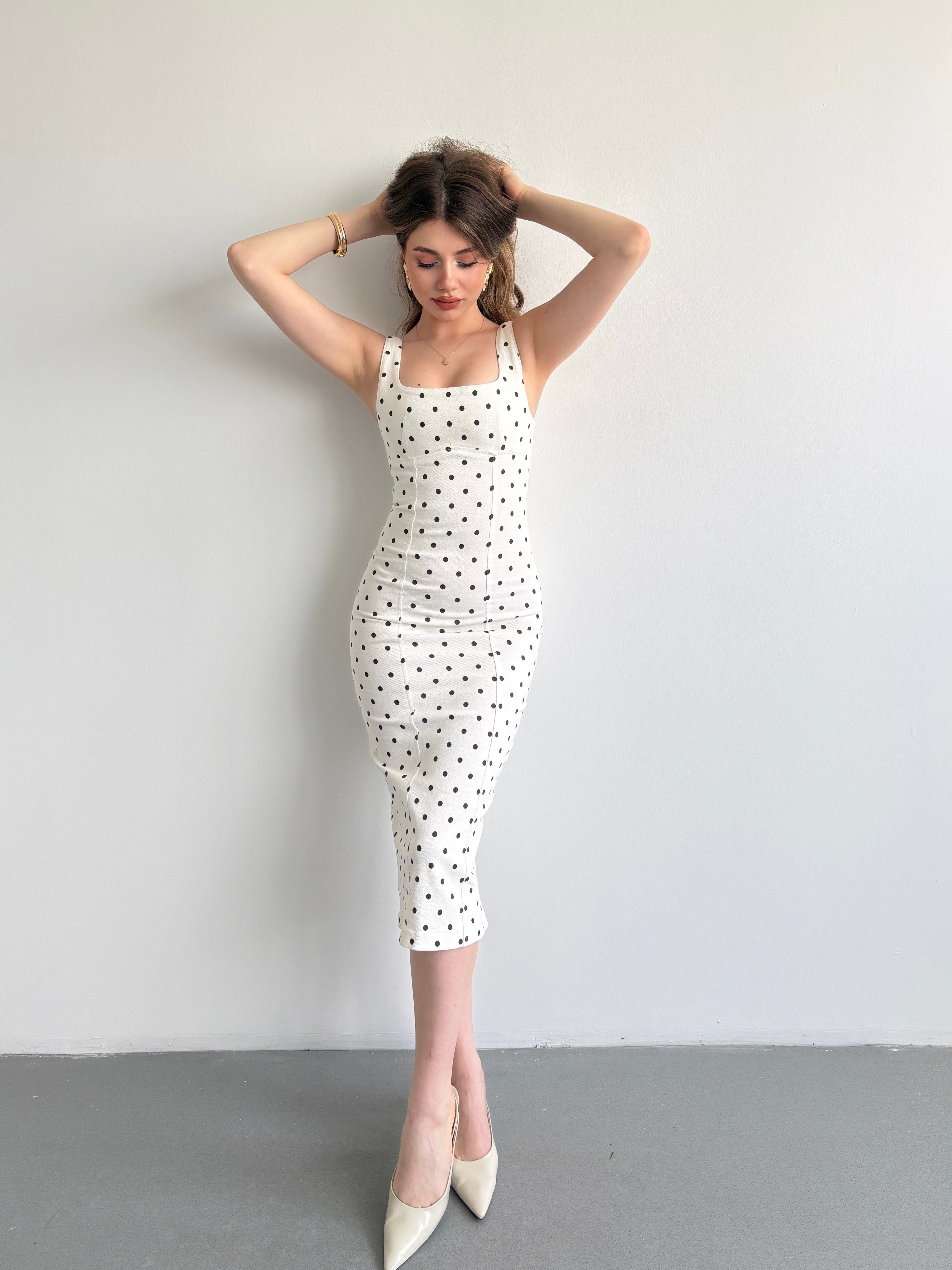 Puantiyeli Denim Midi Elbise