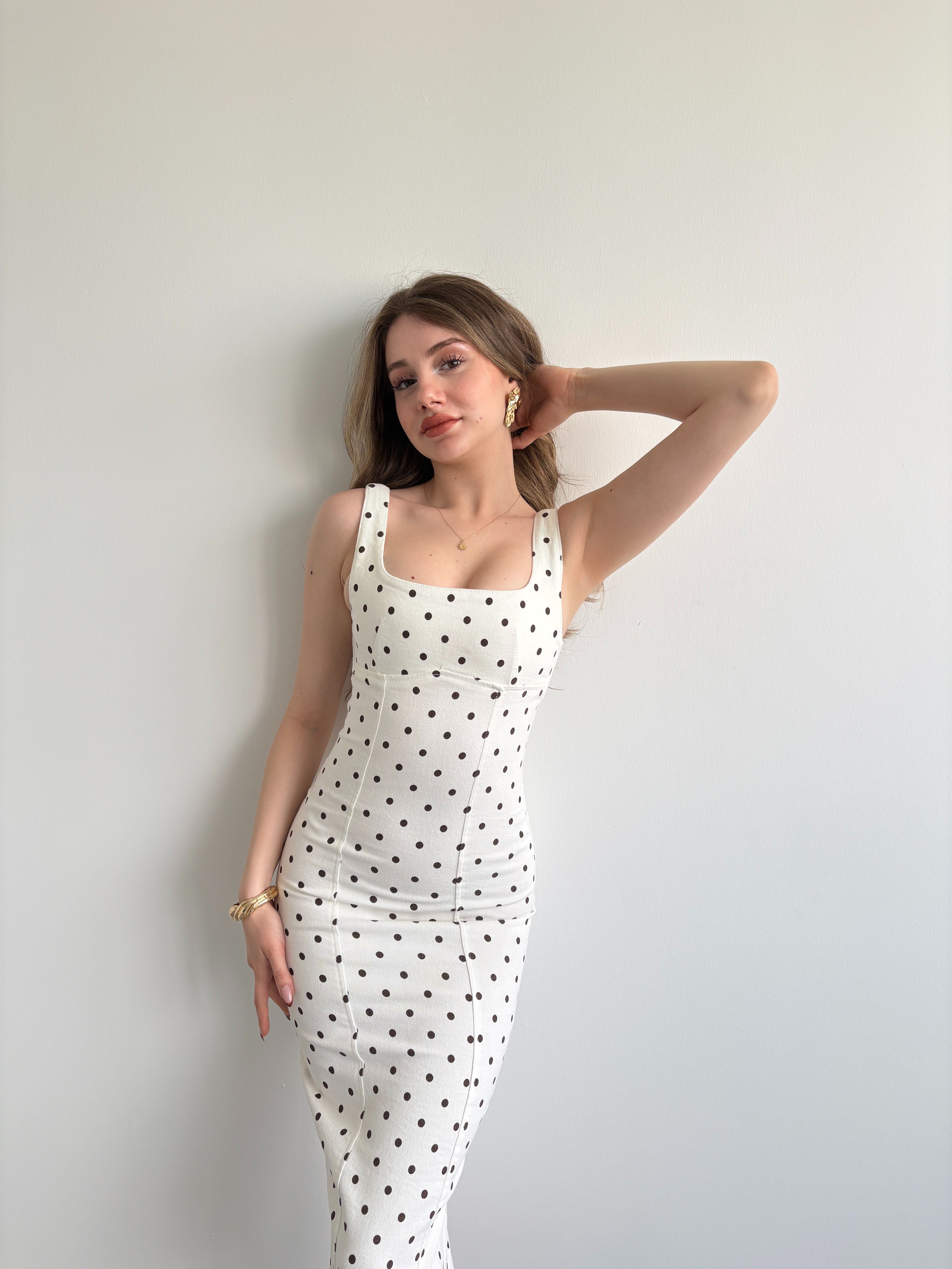 Puantiyeli Denim Midi Elbise