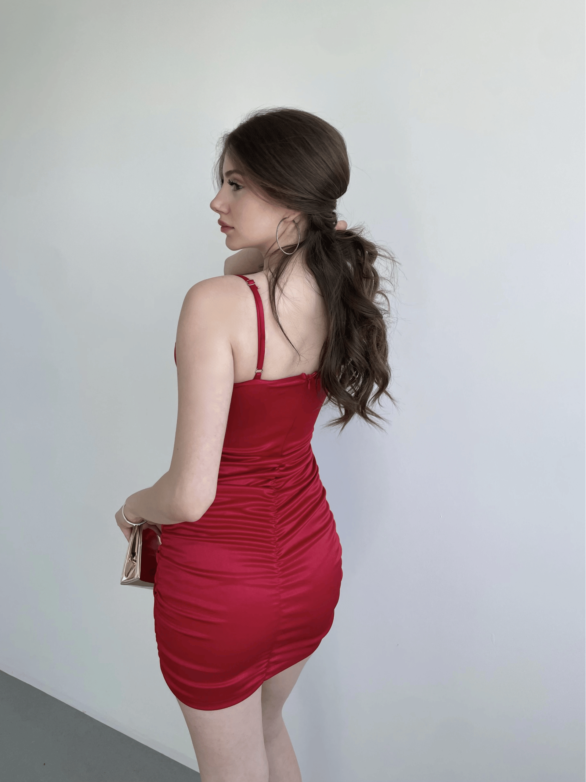 Saten Fiori Büzgü Elbise