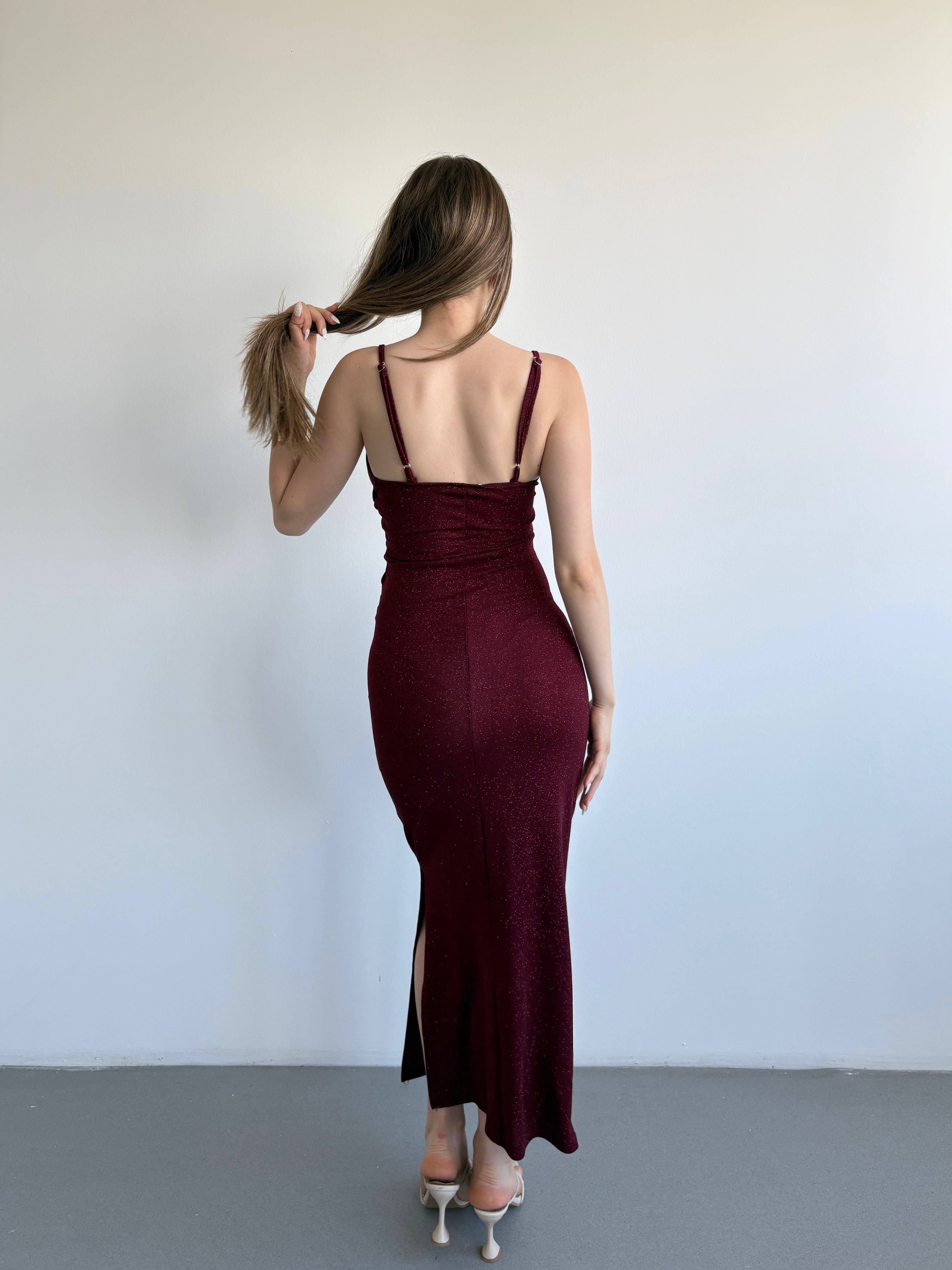 Simli Drape Uzun Elbise