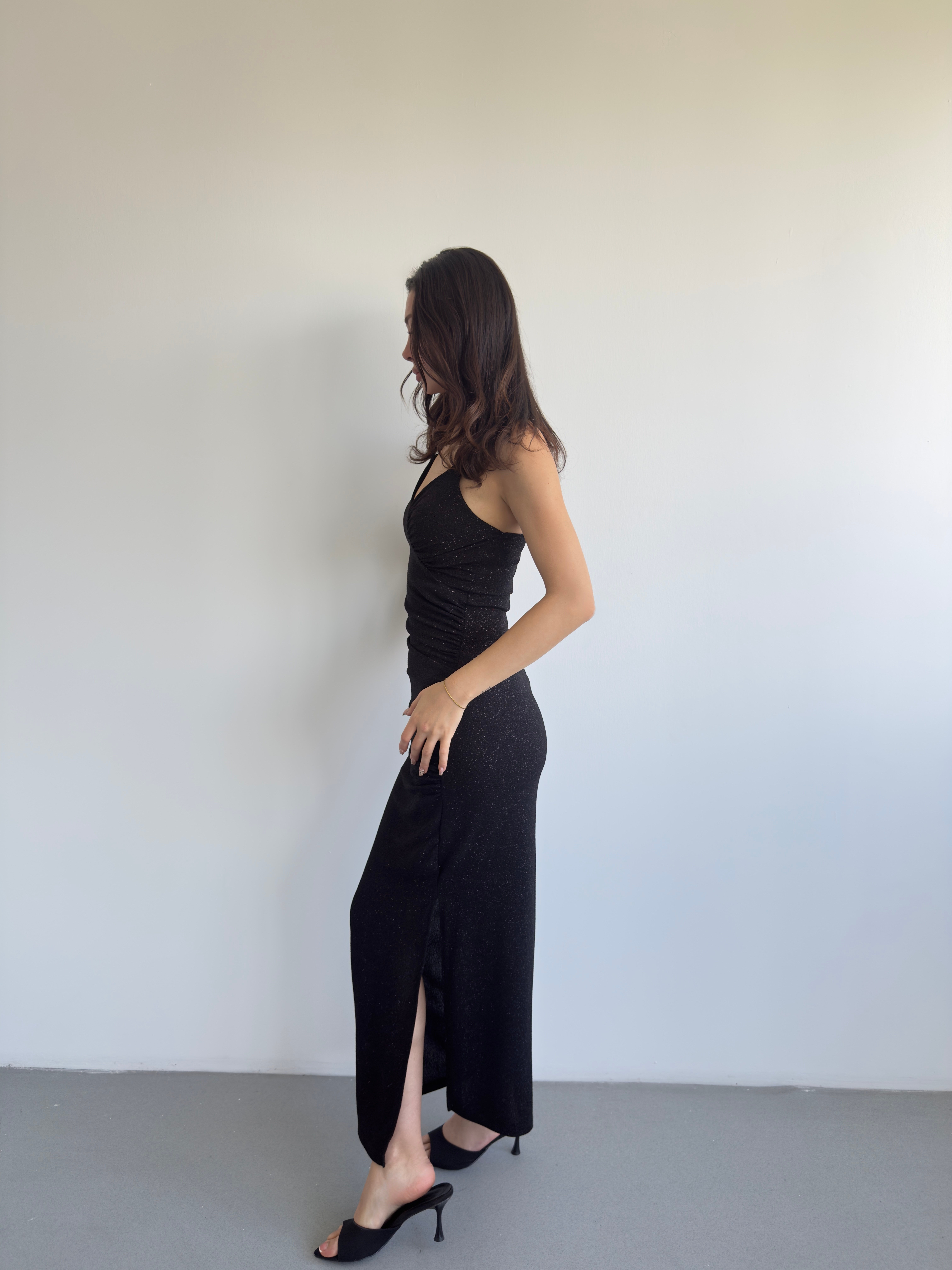 Simli Drape Uzun Elbise