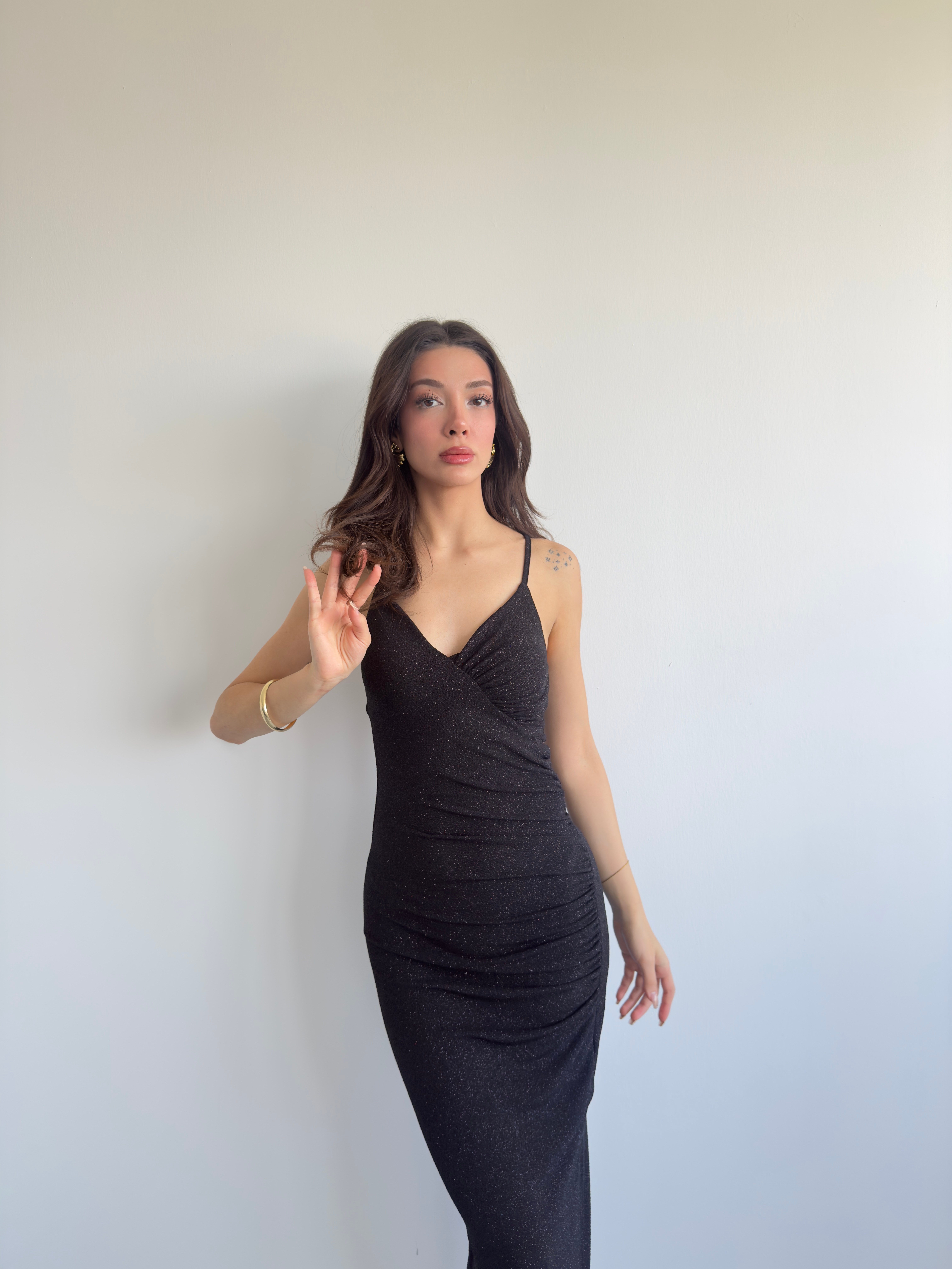 Simli Drape Uzun Elbise