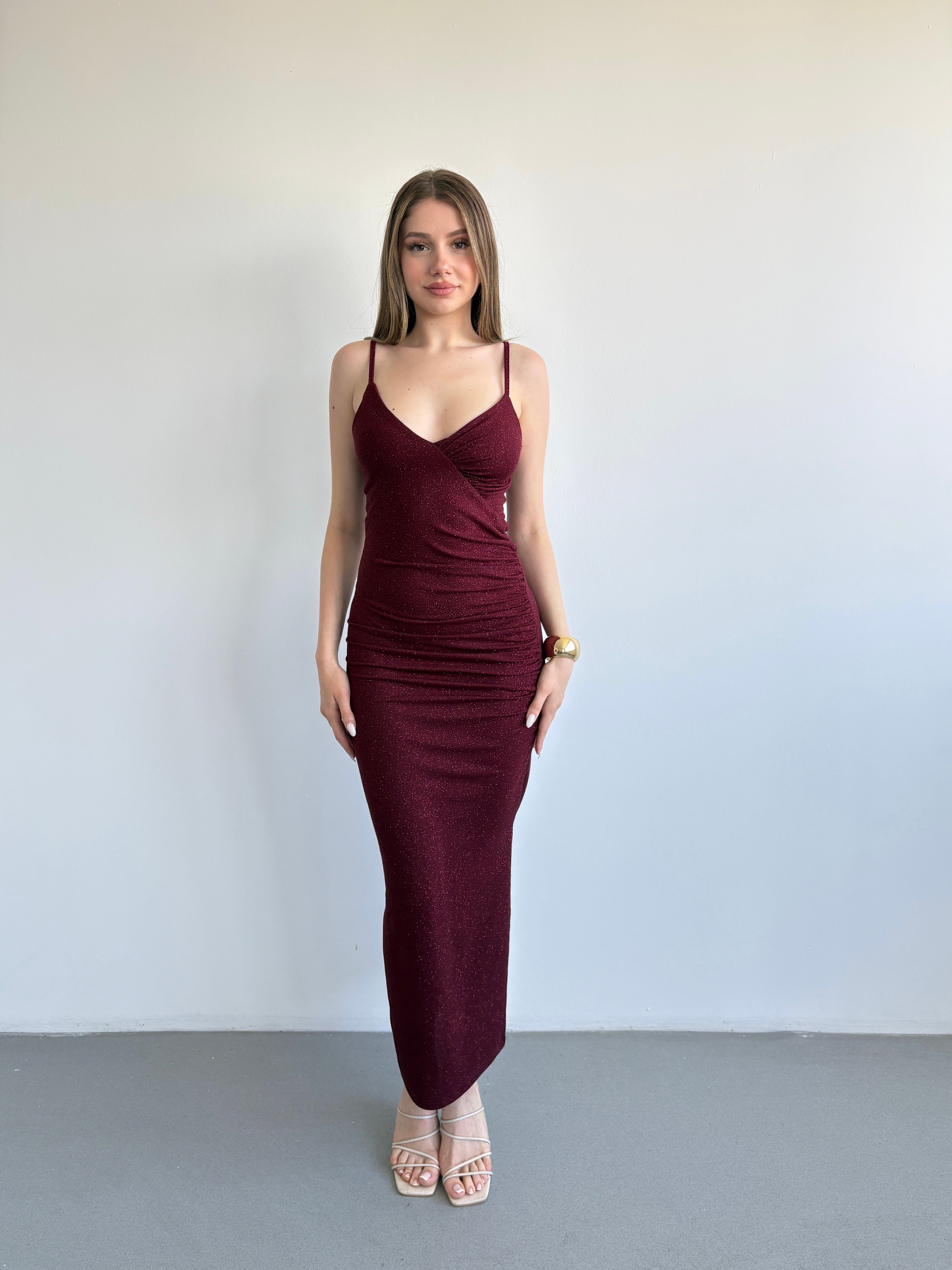 Simli Drape Uzun Elbise
