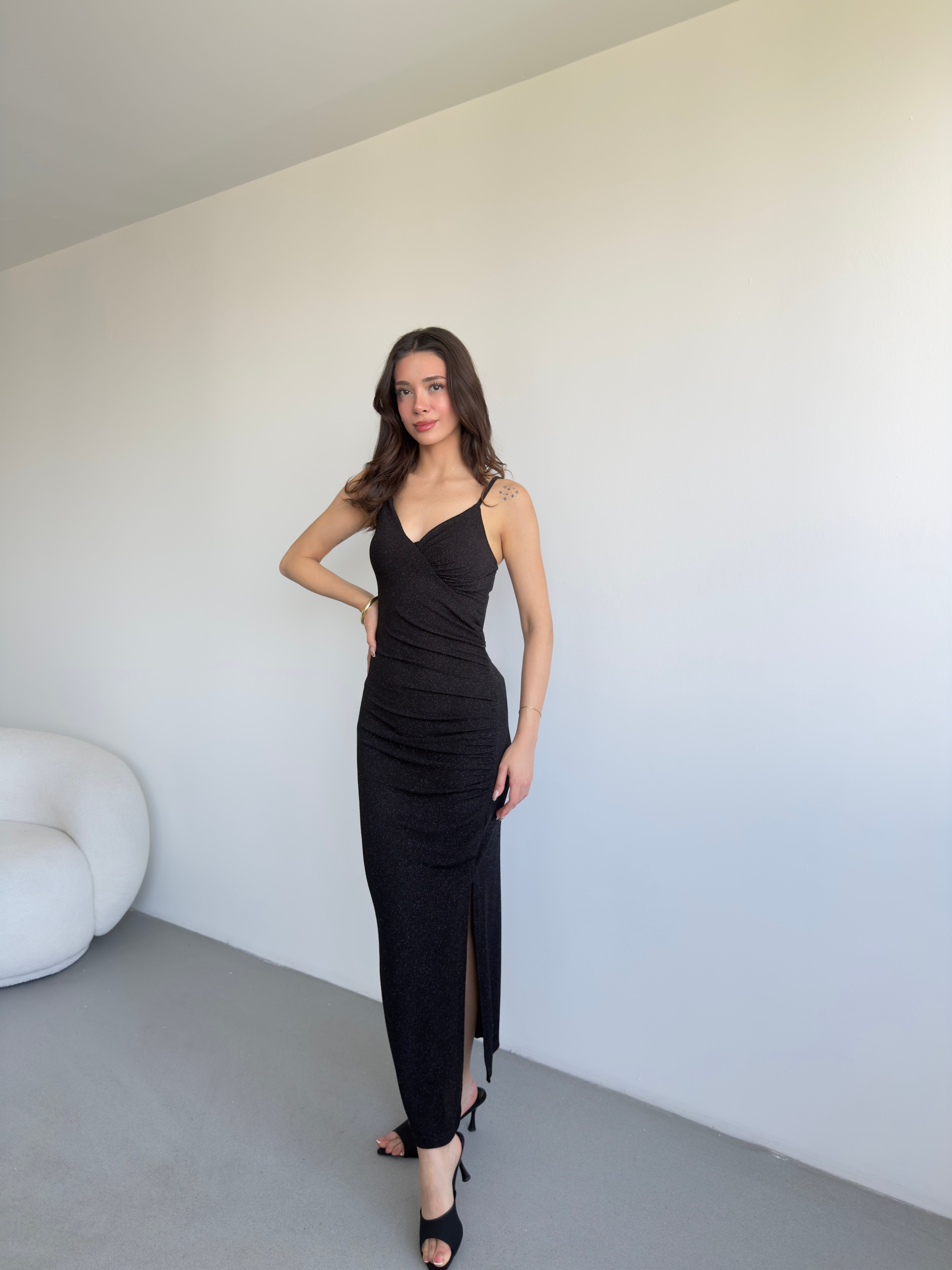Simli Drape Uzun Elbise