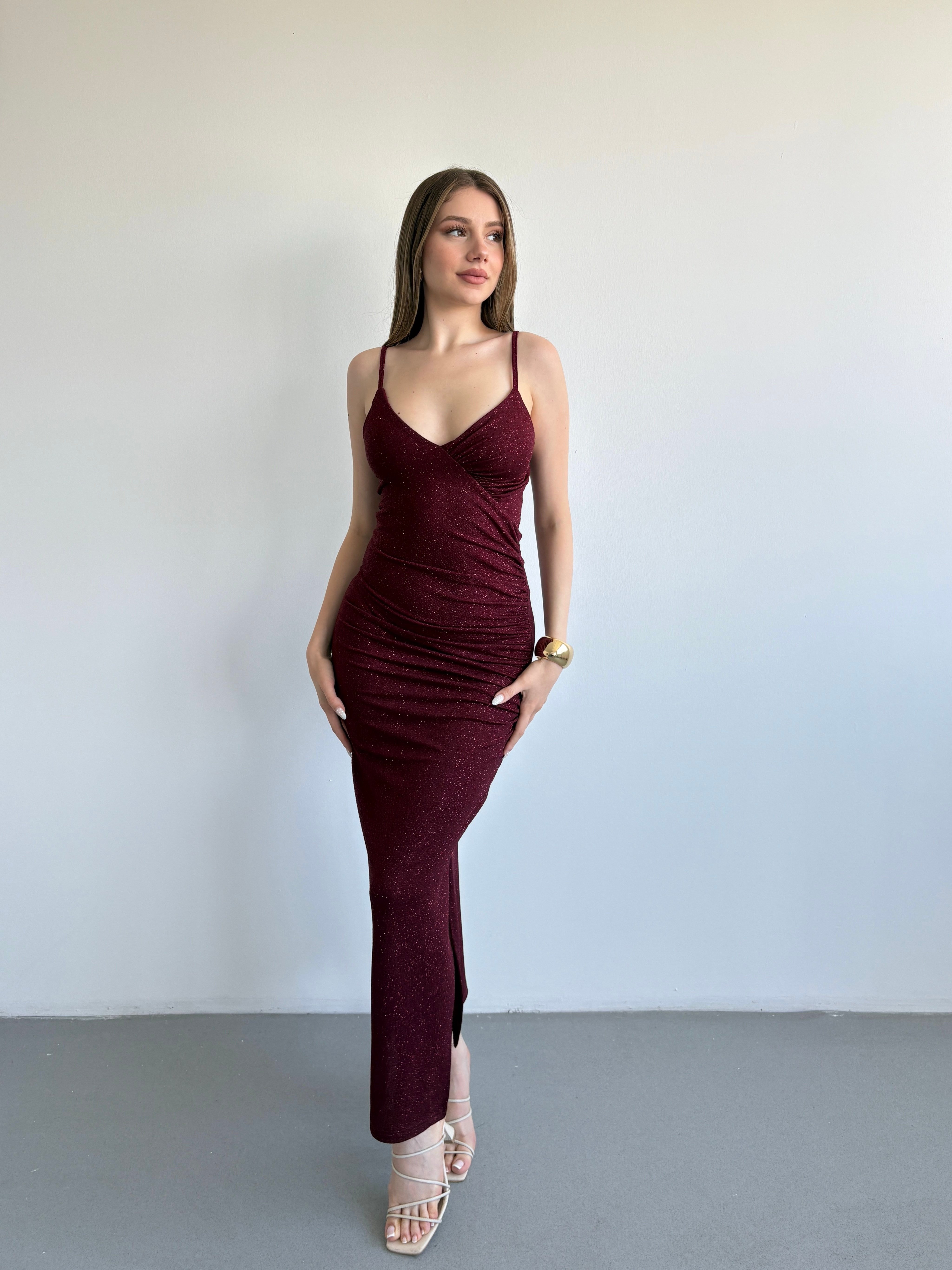 Simli Drape Uzun Elbise