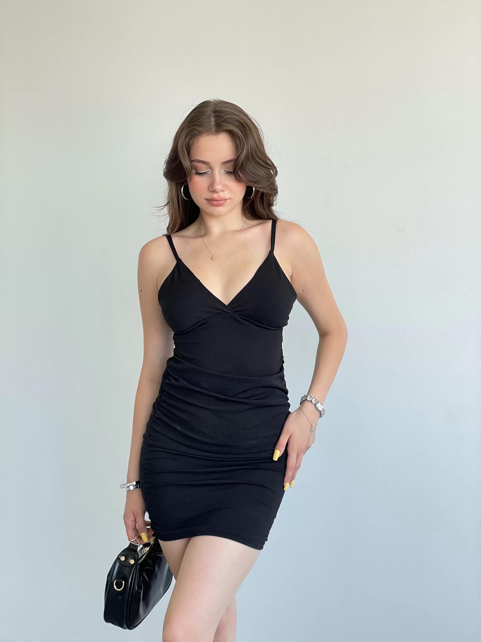 Siyah Bel Büzgülü Premium Elbise