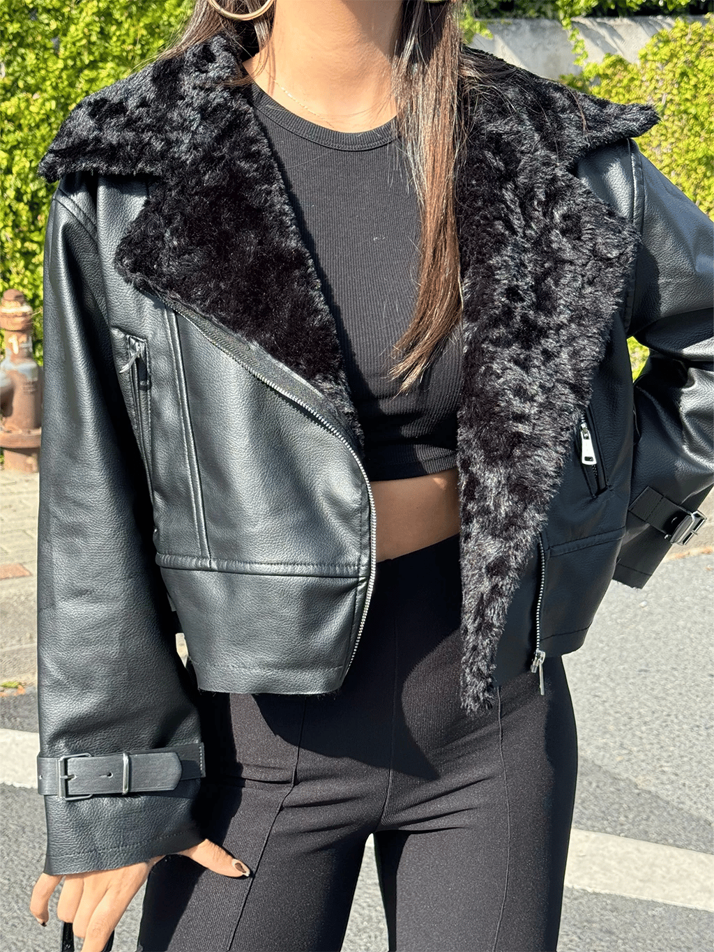 Siyah Furred Deri Ceket