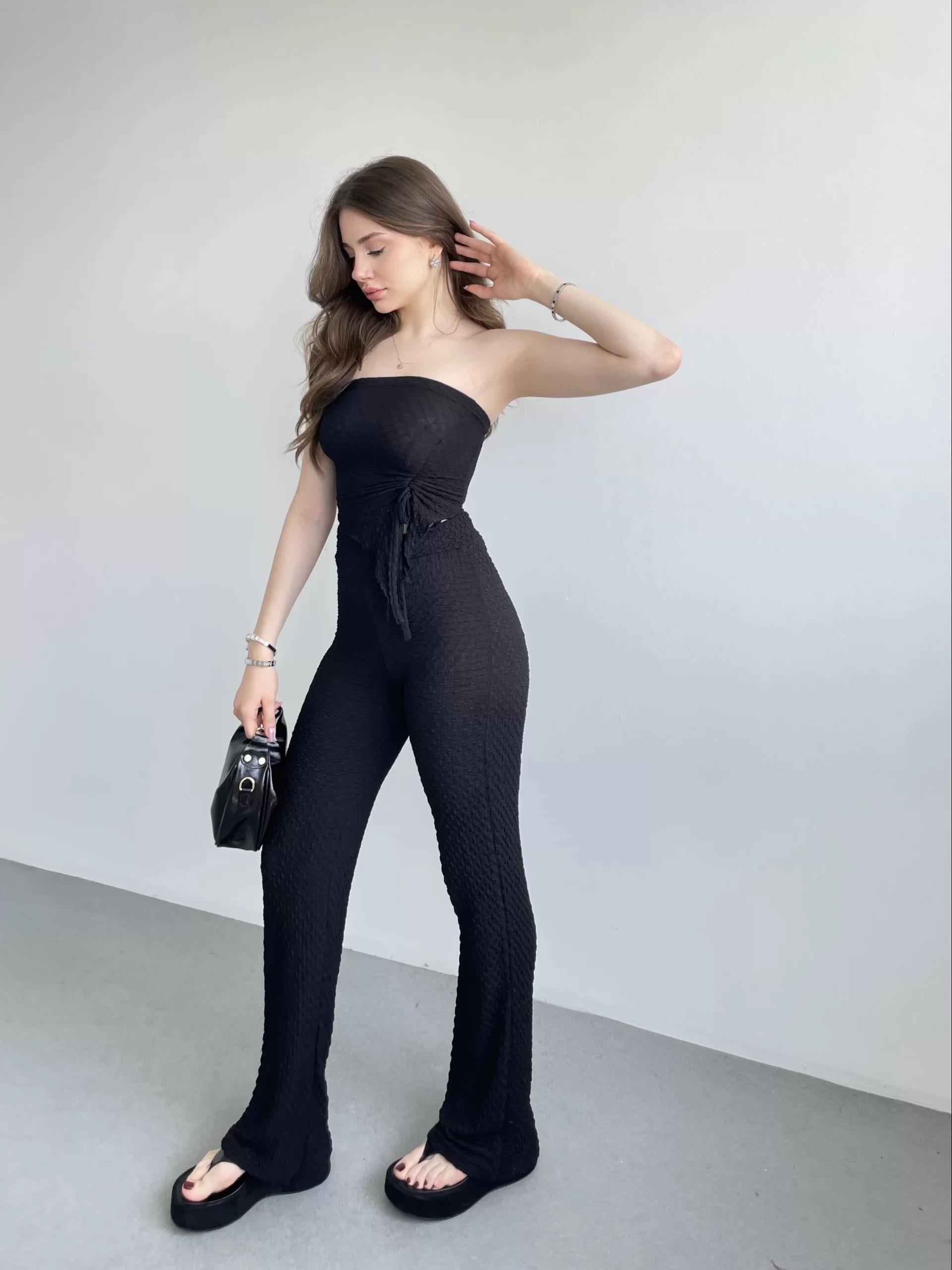 Straplez Gofre Pantolon Takım