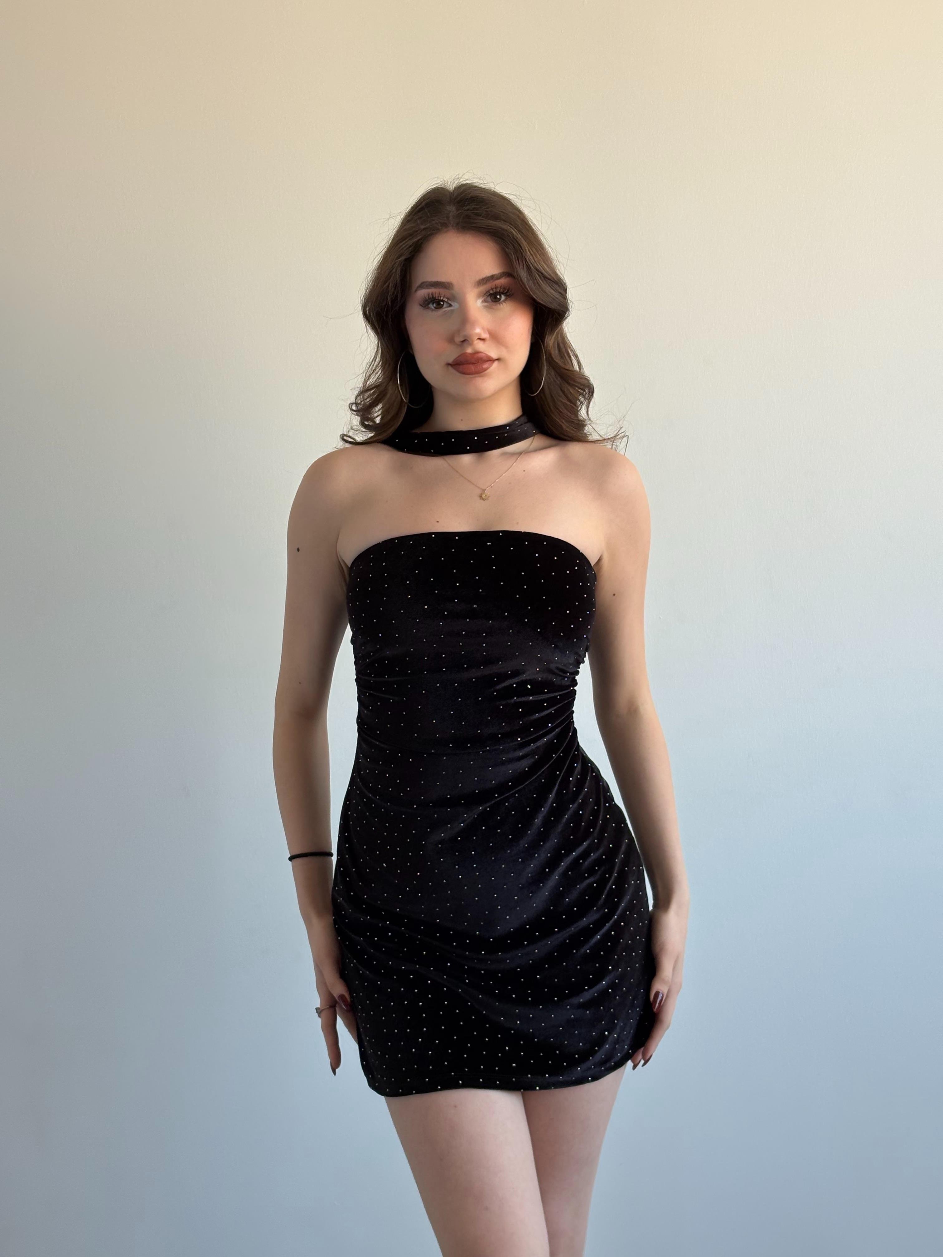 Straplez Mini Taşlı Elbise