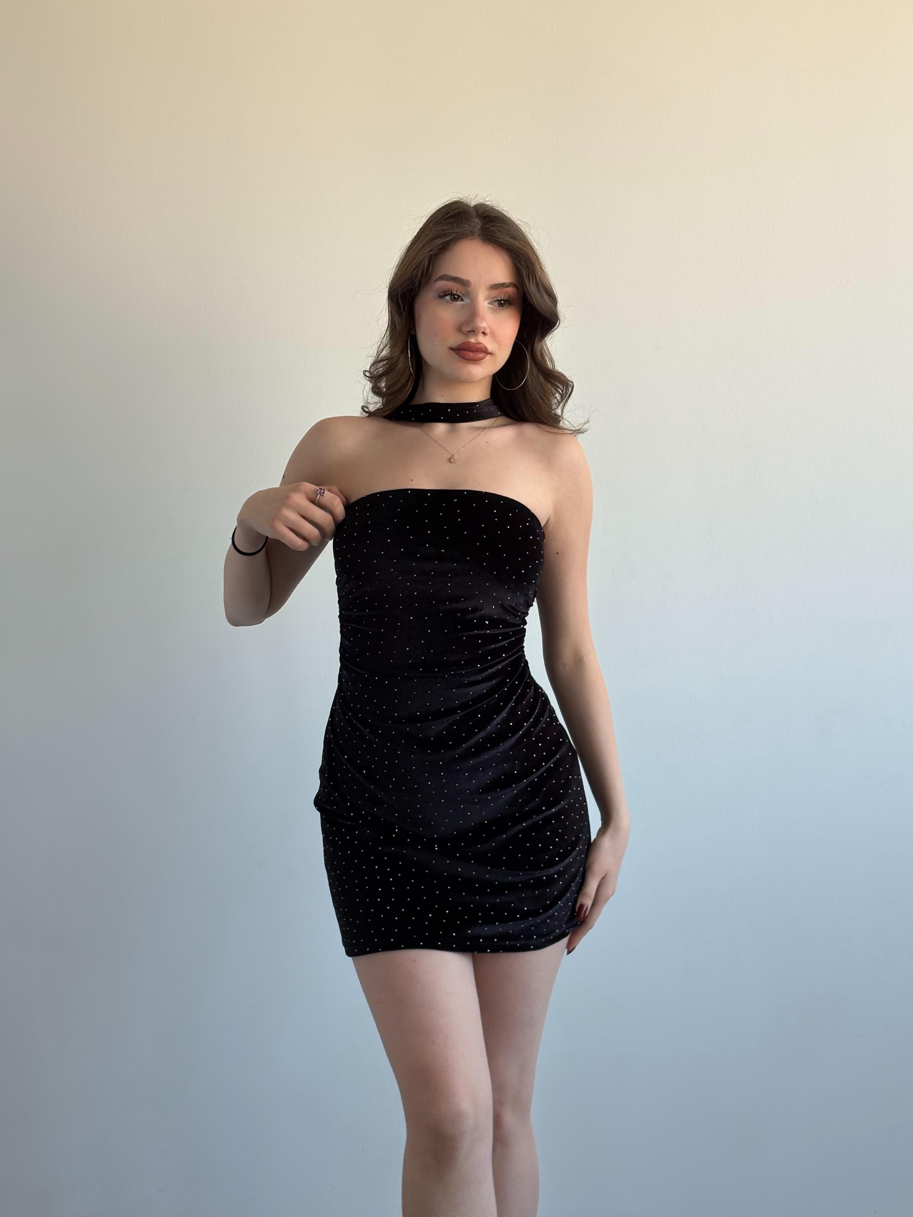 Straplez Mini Taşlı Elbise