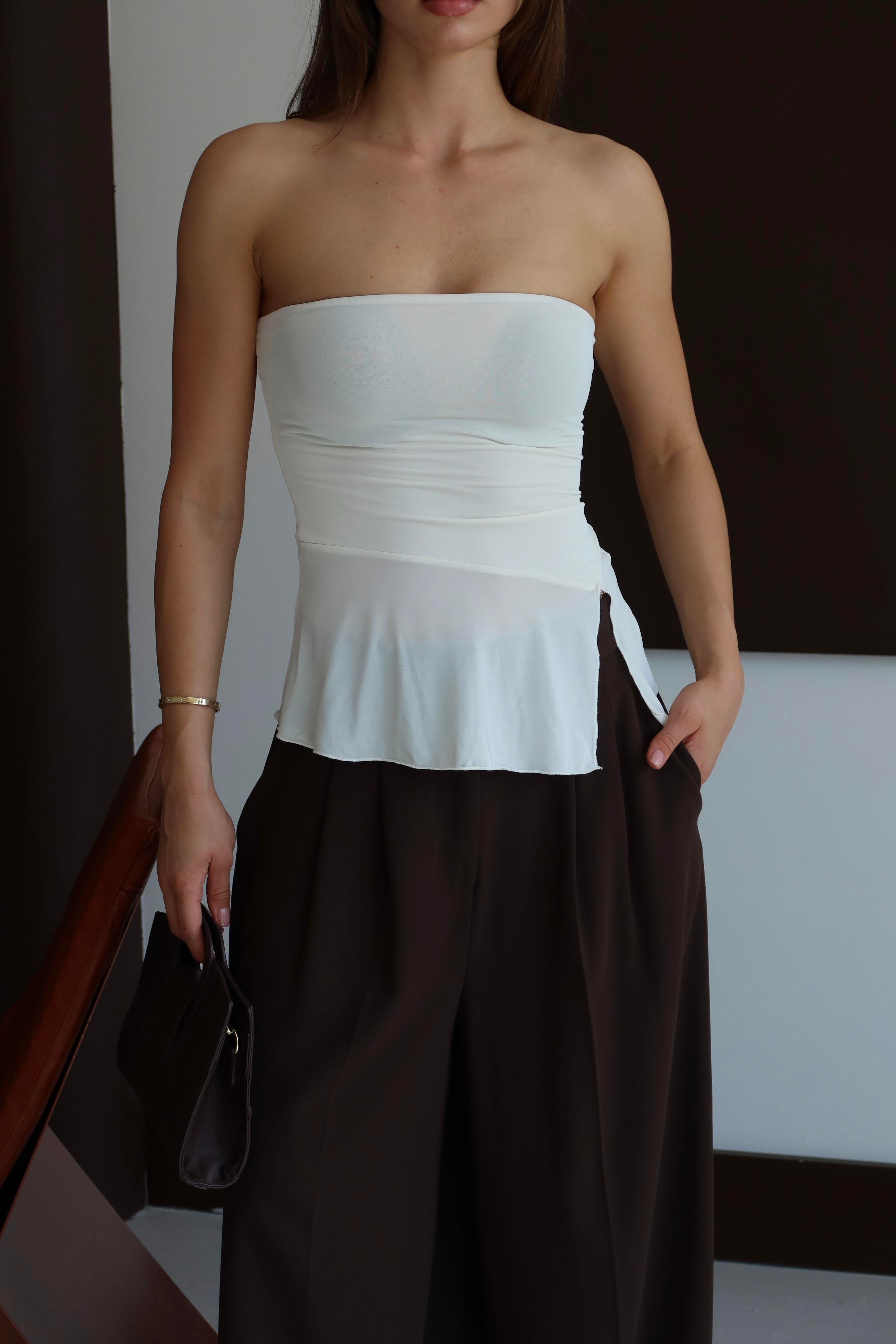 Straplez Tül Detay Crop