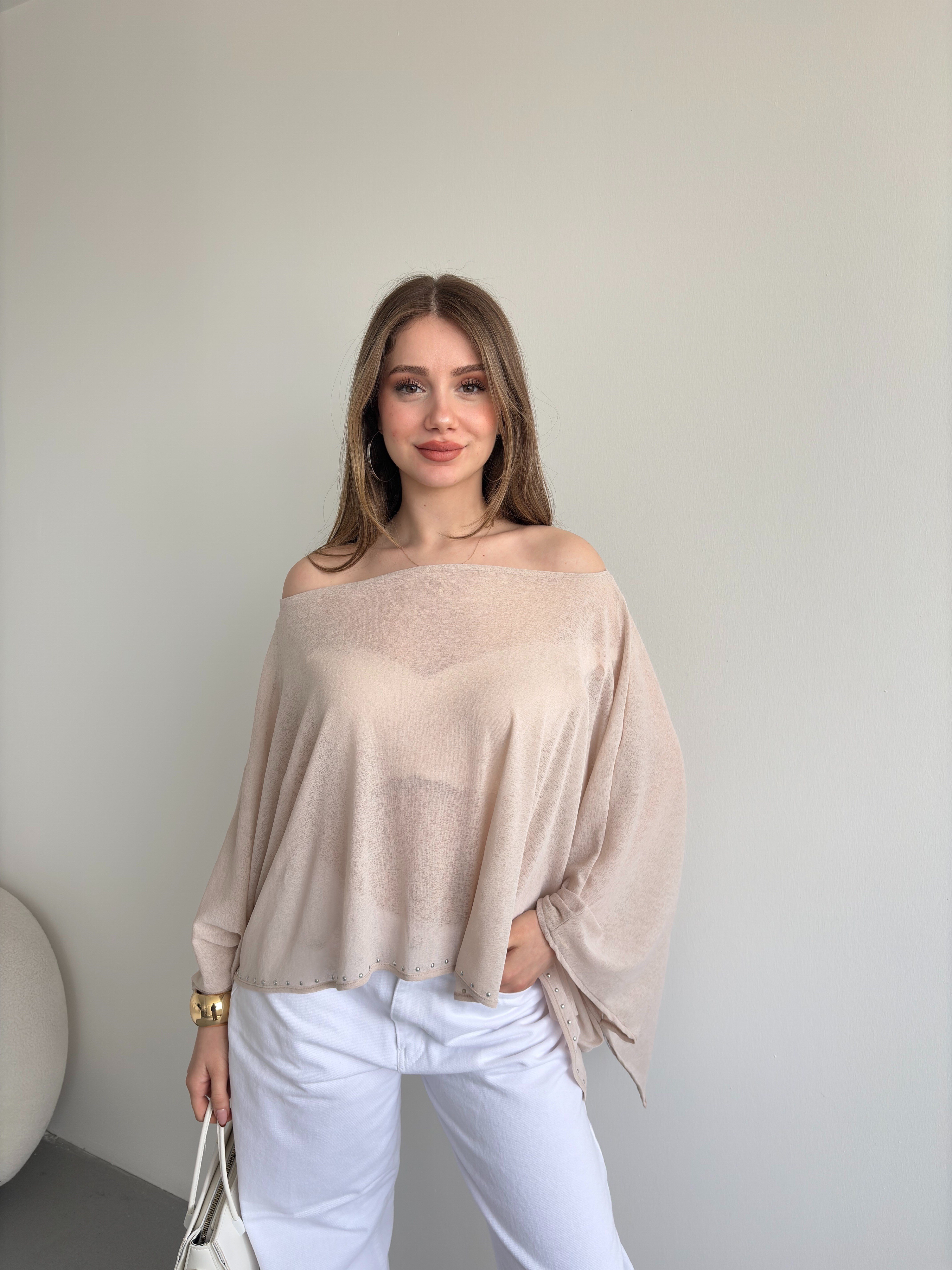 Taşlı Muadil Yarasa Bluz