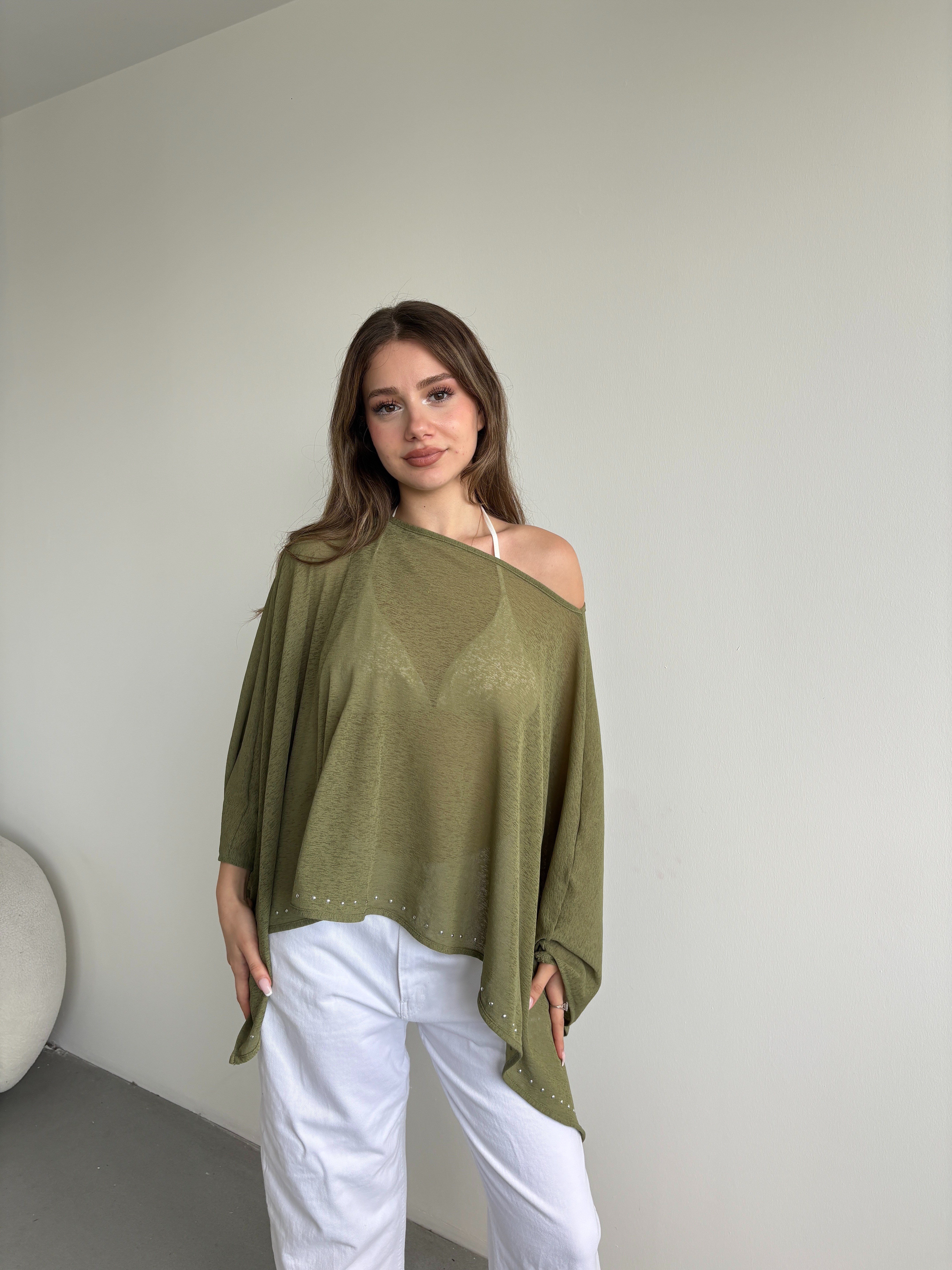 Taşlı Muadil Yarasa Bluz