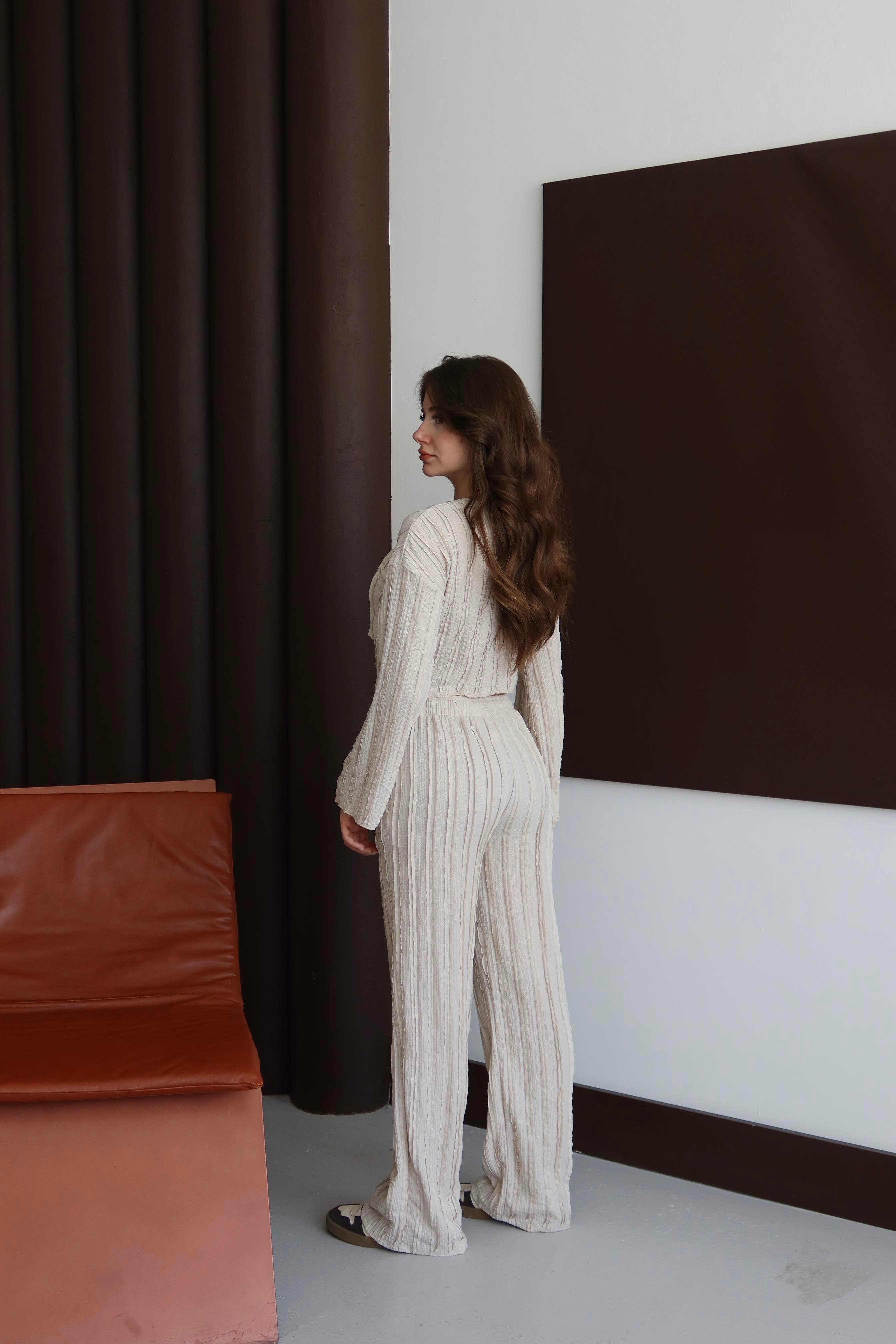 Ters Dikişli Oversize Takım Bej