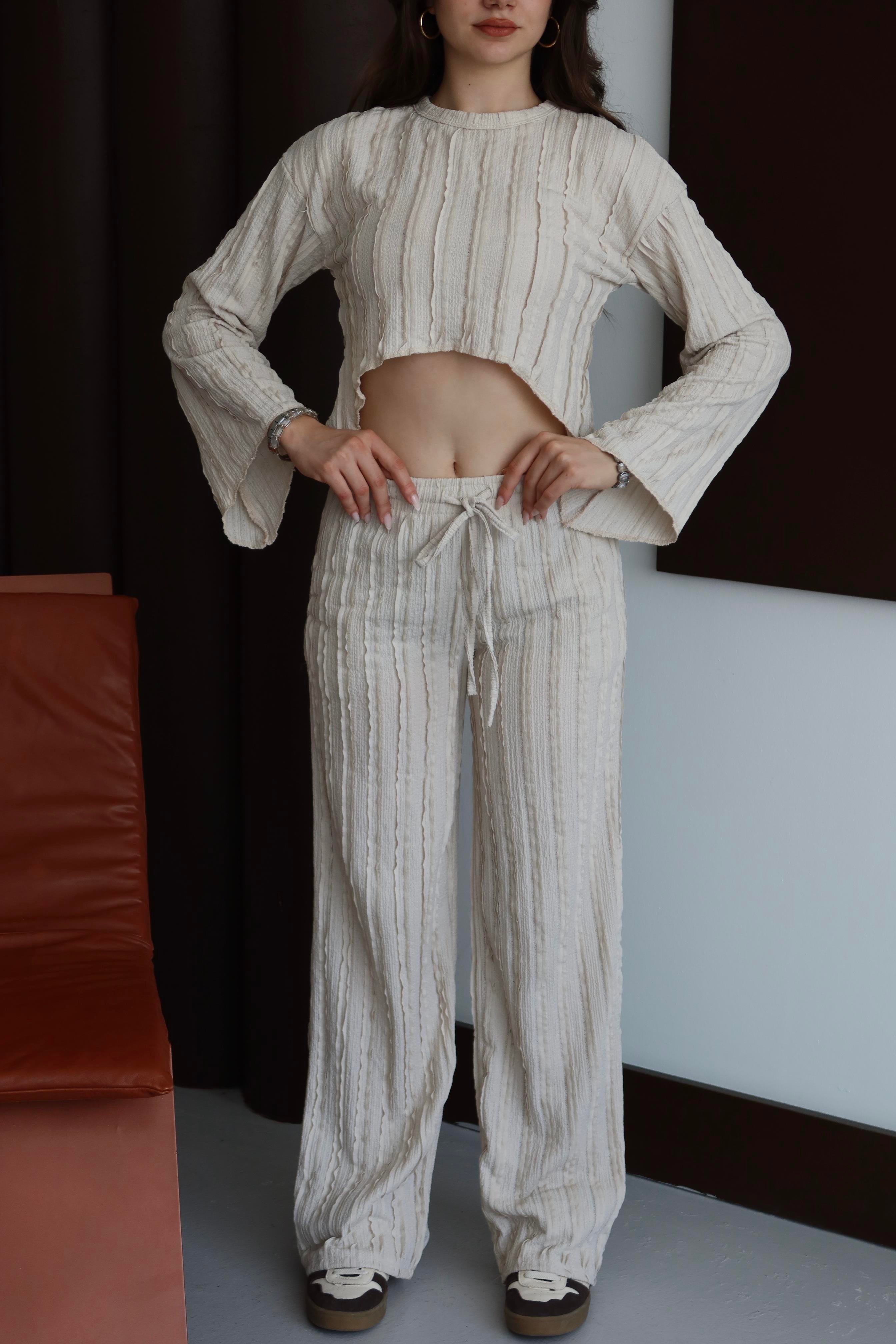 Ters Dikişli Oversize Takım Bej