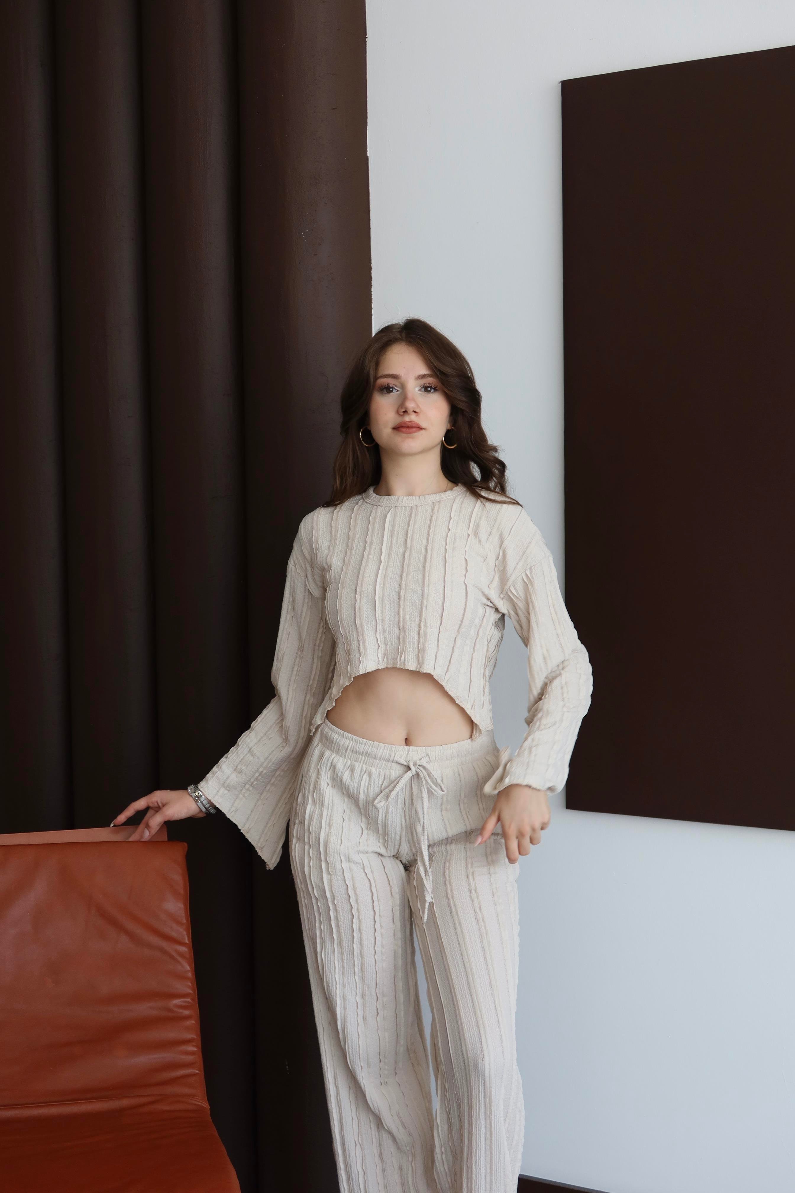 Ters Dikişli Oversize Takım Bej
