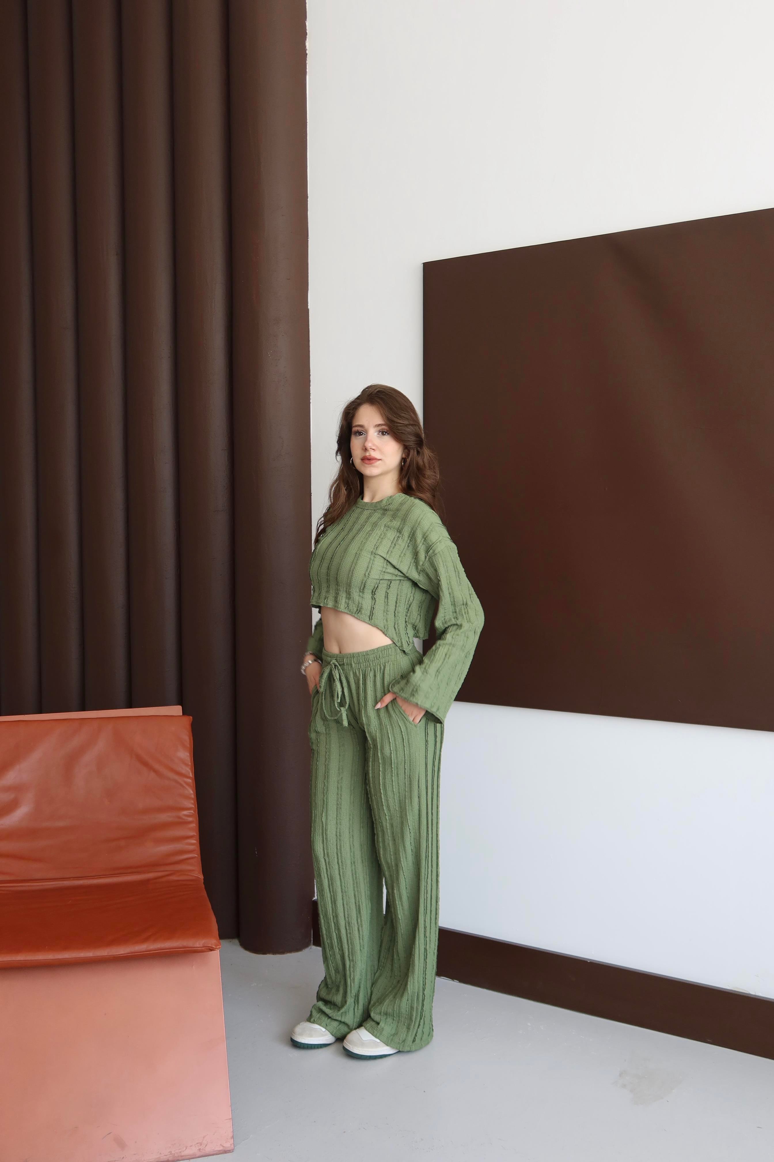 Ters Dikişli Oversize Takım Haki