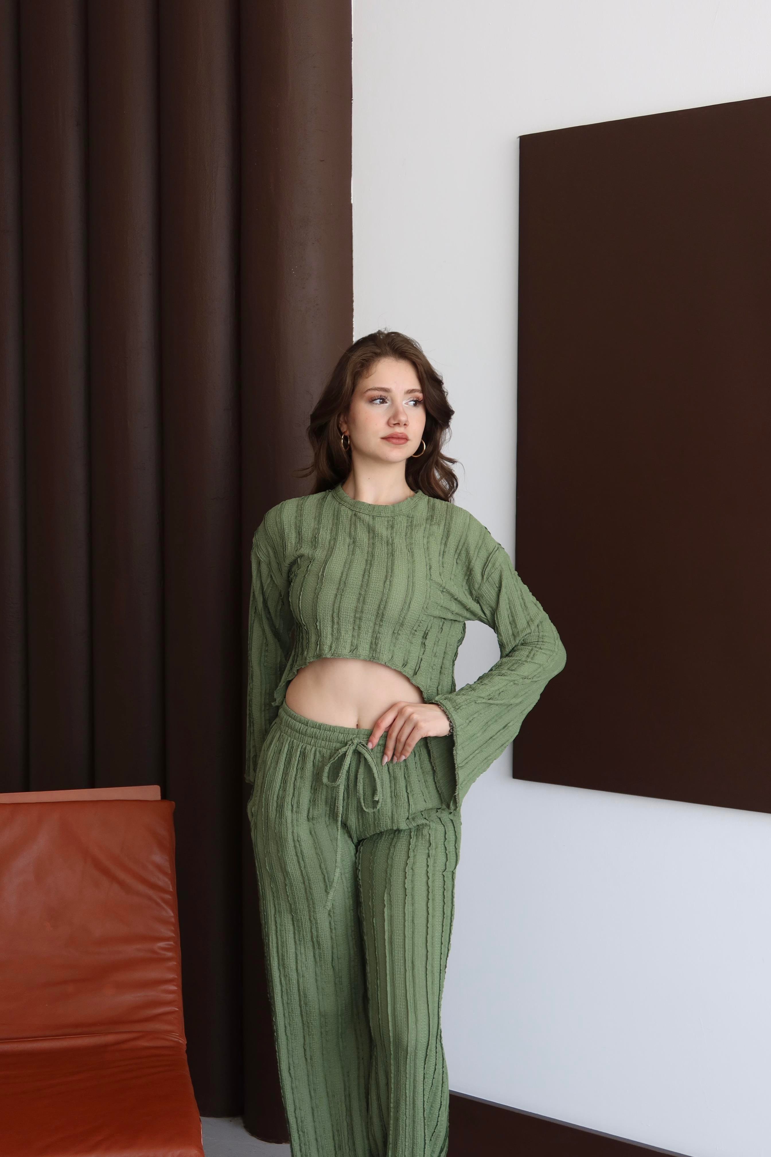 Ters Dikişli Oversize Takım Haki