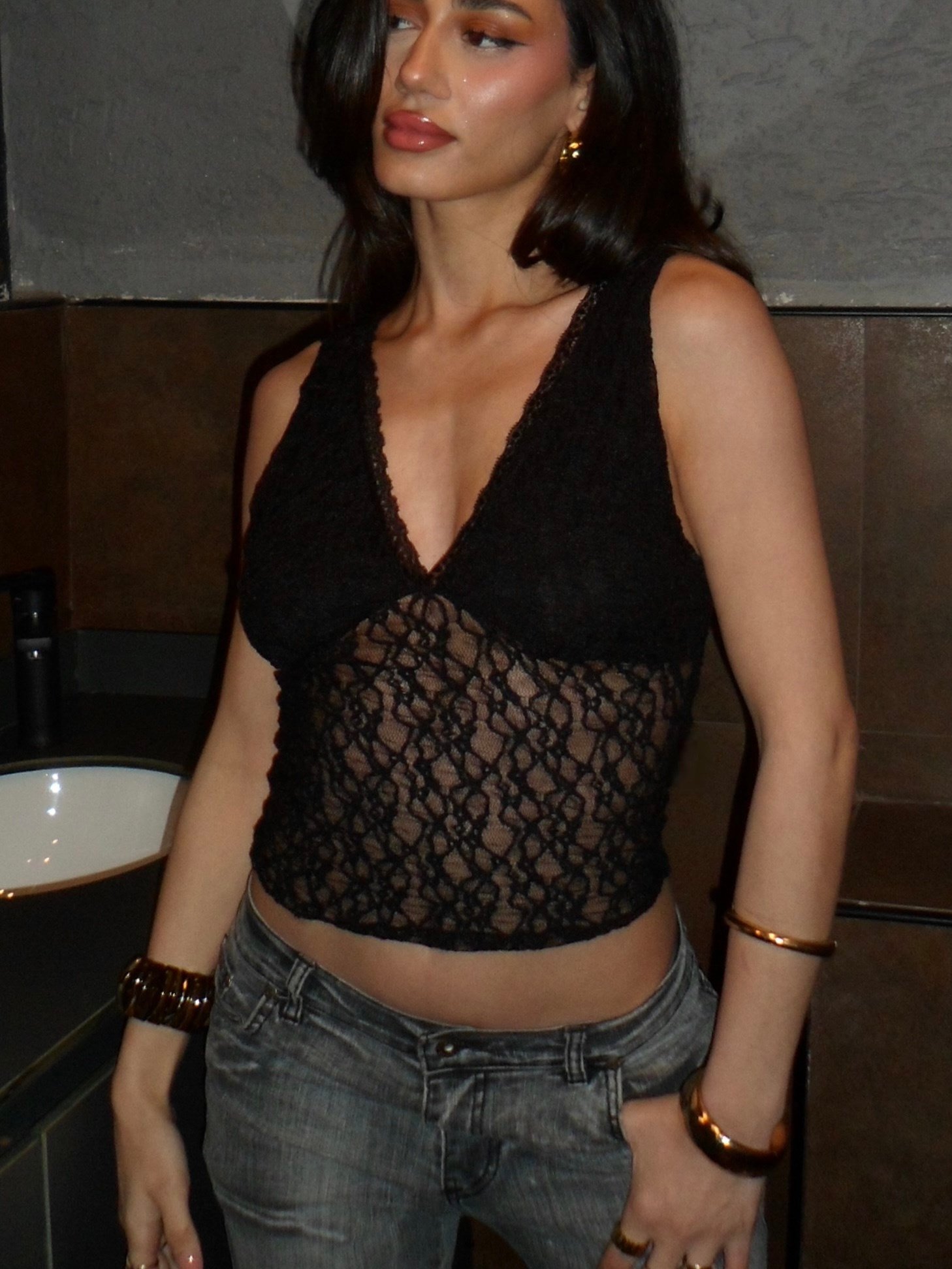 V Yaka Dantel Crop Bluz