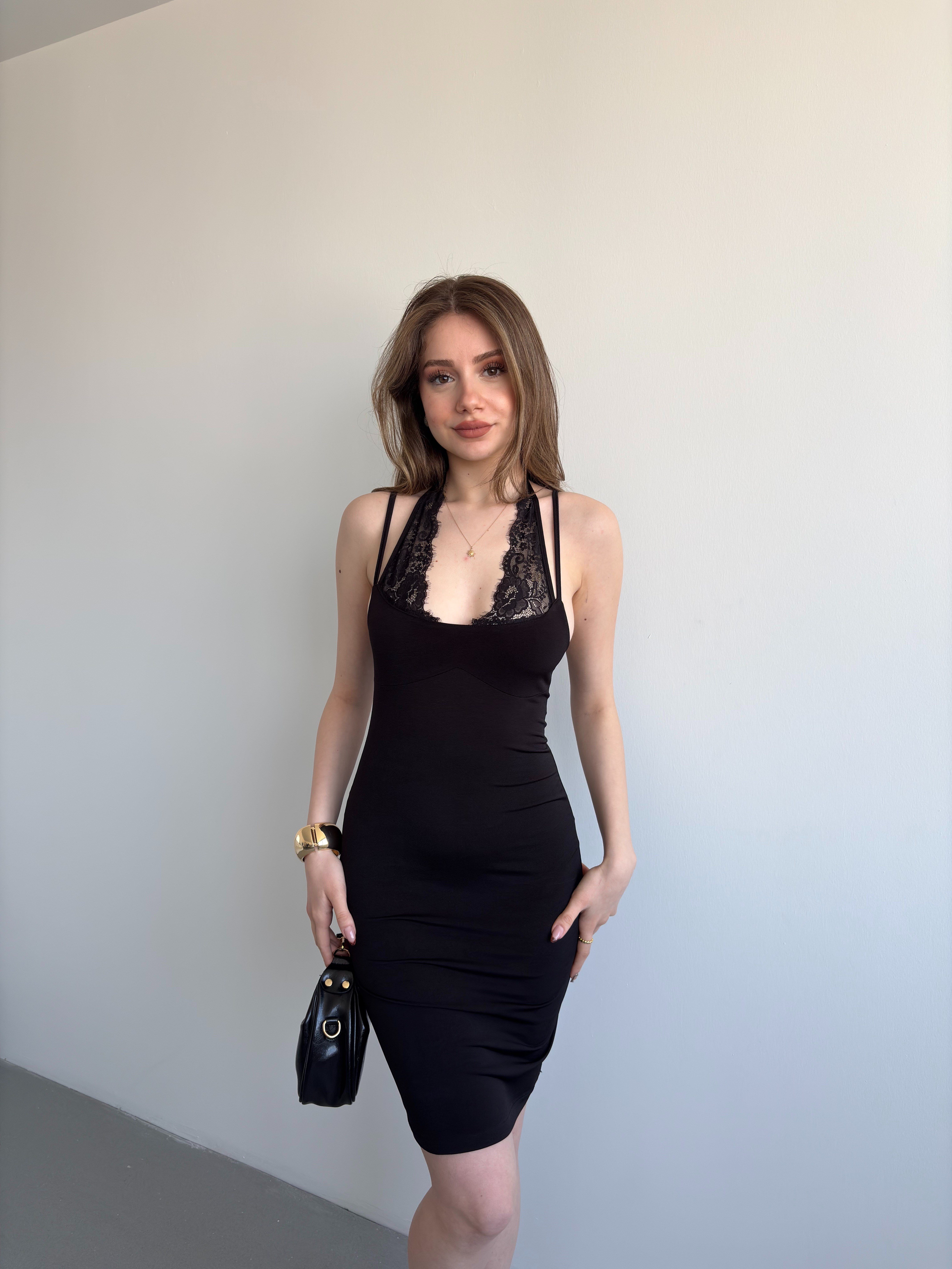 Yaka Dantel Mini Elbise