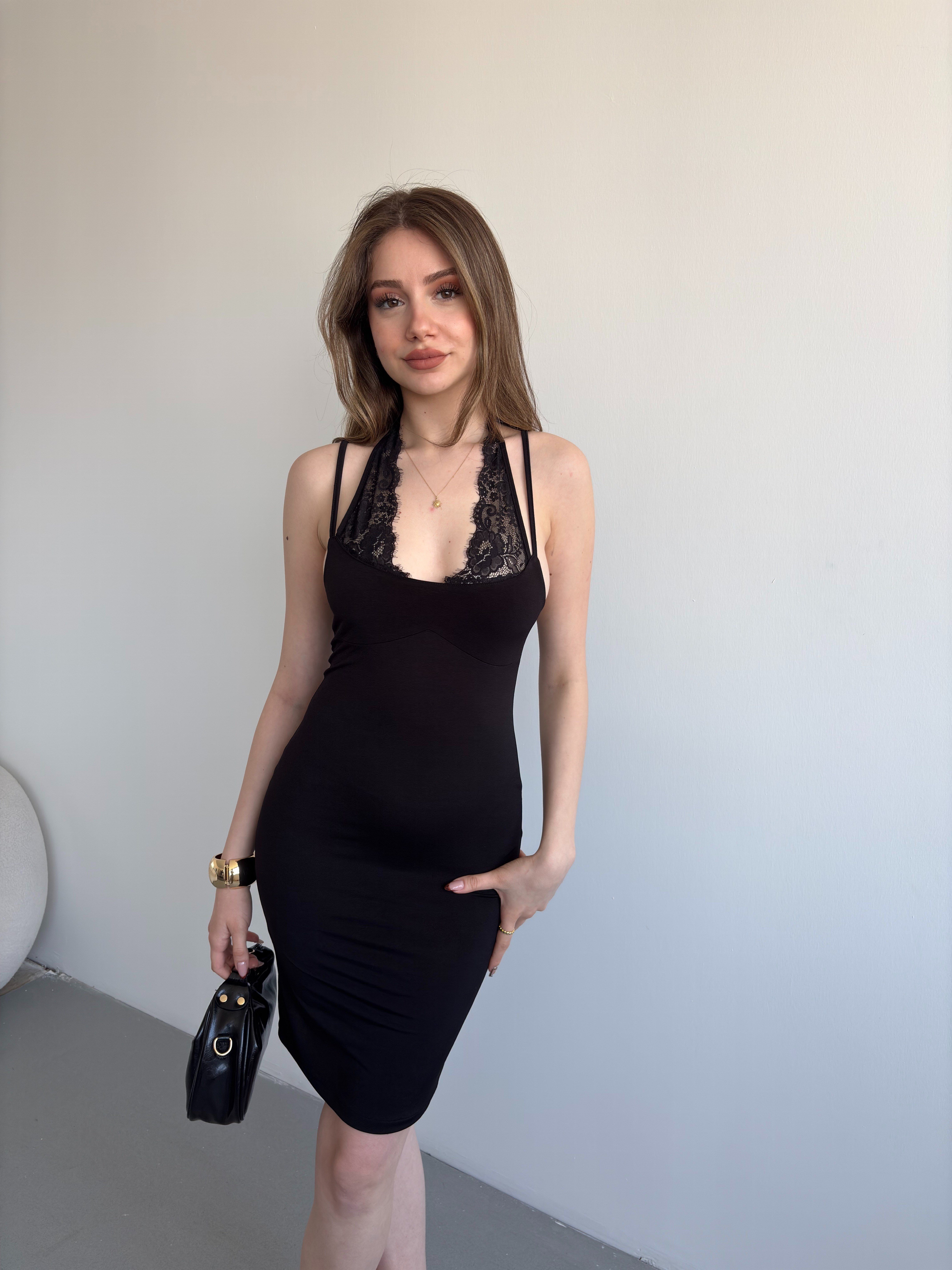 Yaka Dantel Mini Elbise