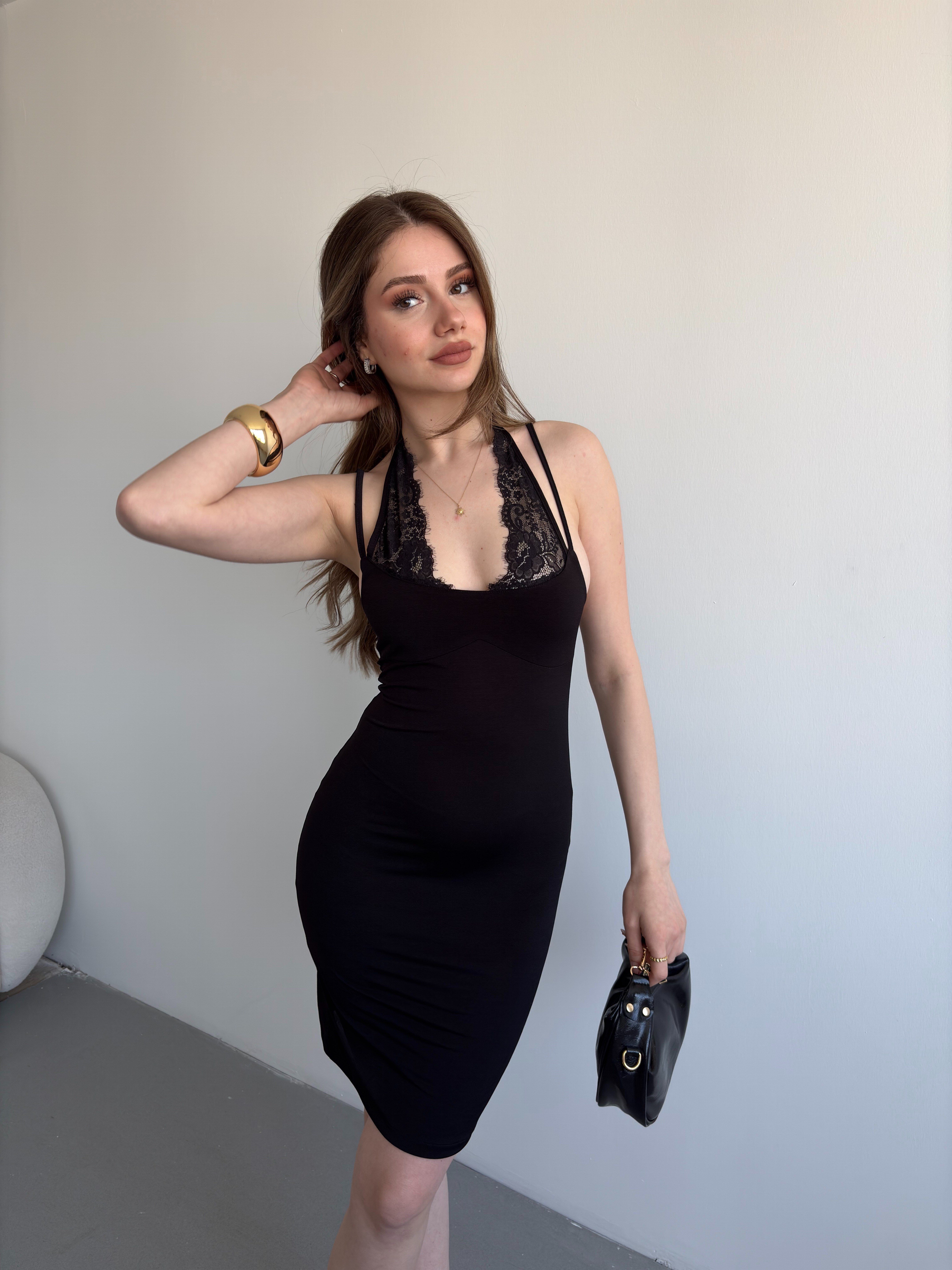 Yaka Dantel Mini Elbise