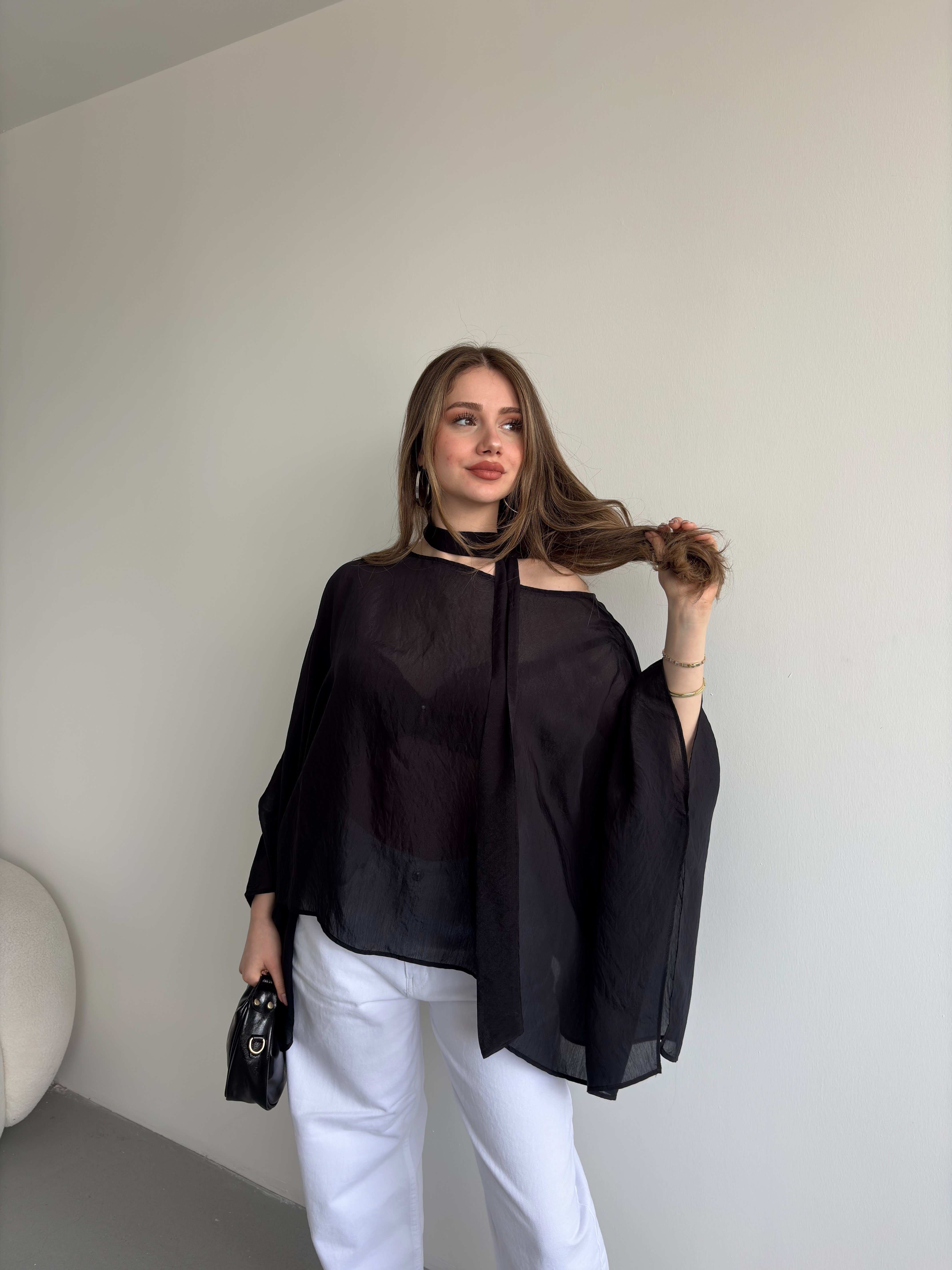 Yarasa Fularlı Tensel Kumaş Bluz