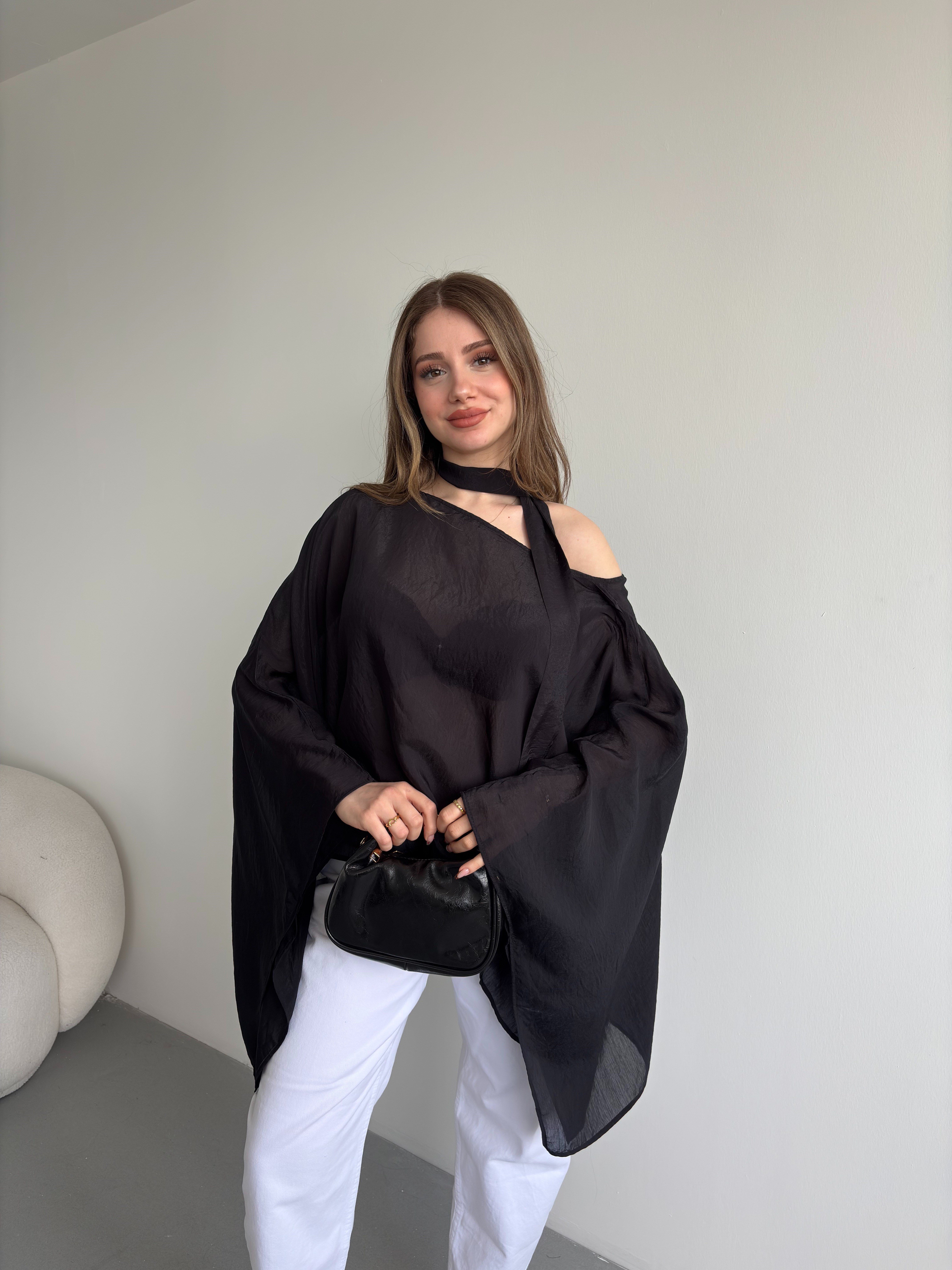 Yarasa Fularlı Tensel Kumaş Bluz