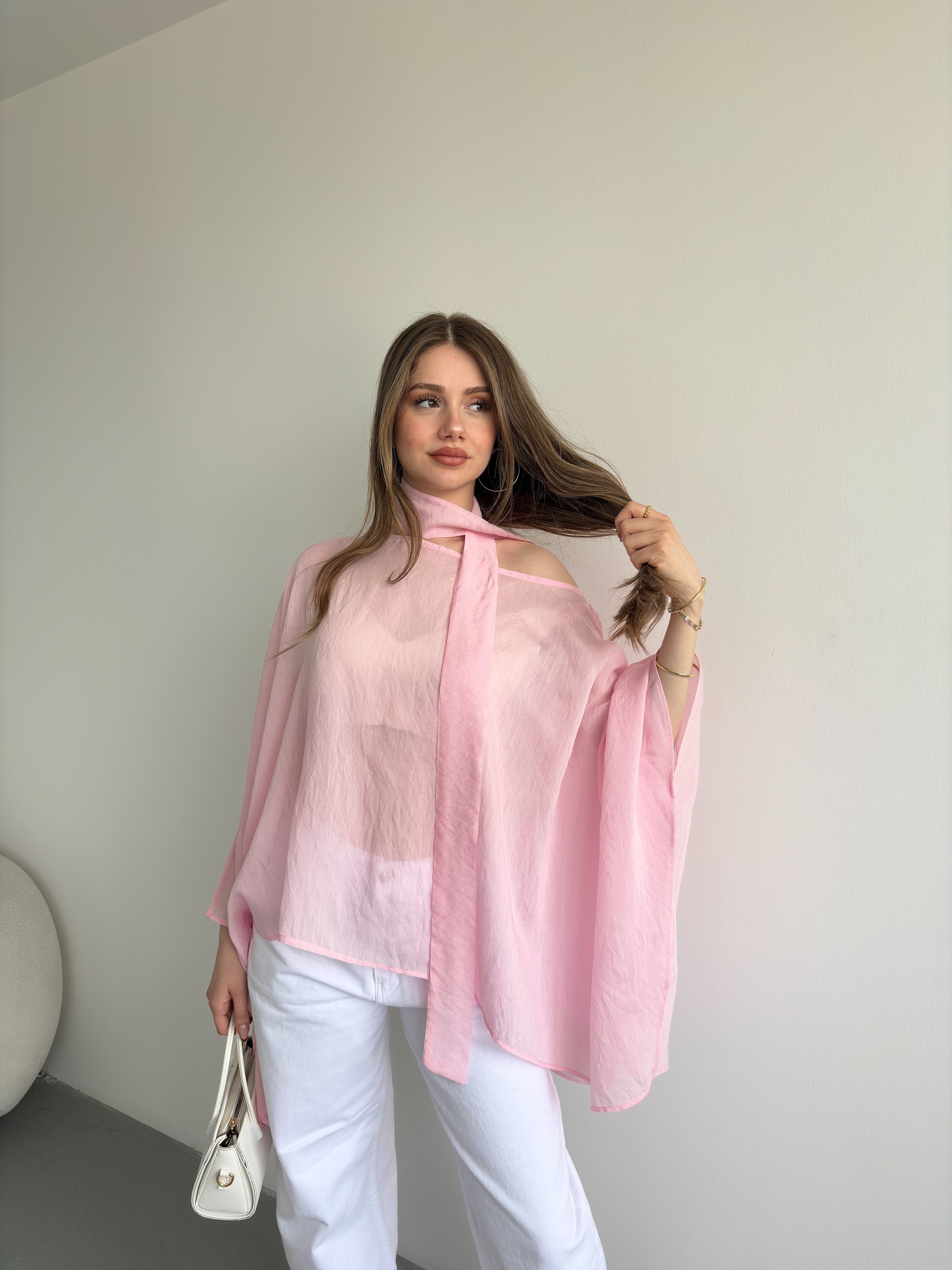 Yarasa Fularlı Tensel Kumaş Bluz