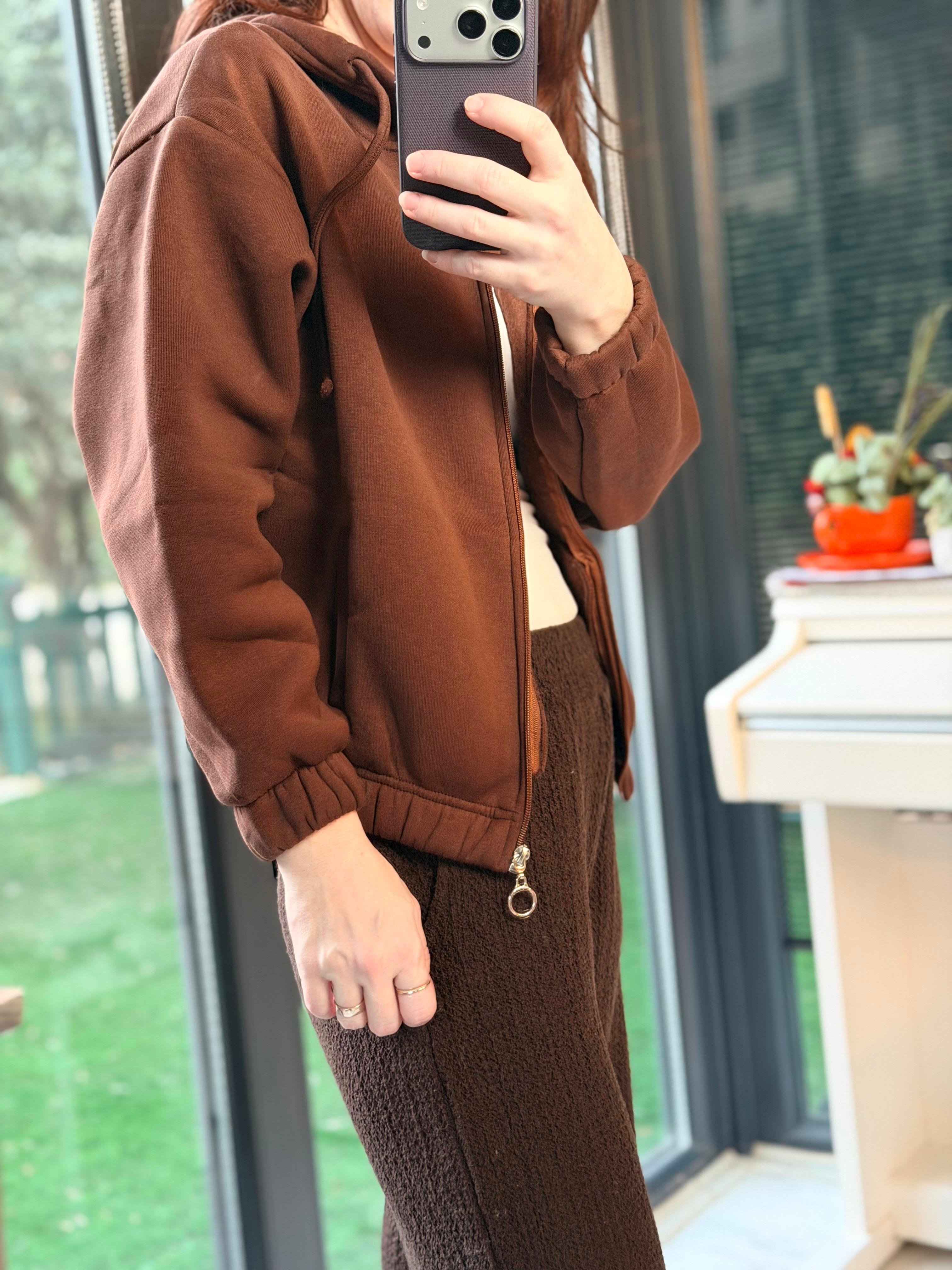 Kapüşonlu Kısa Kahverengi Sweatshirt 