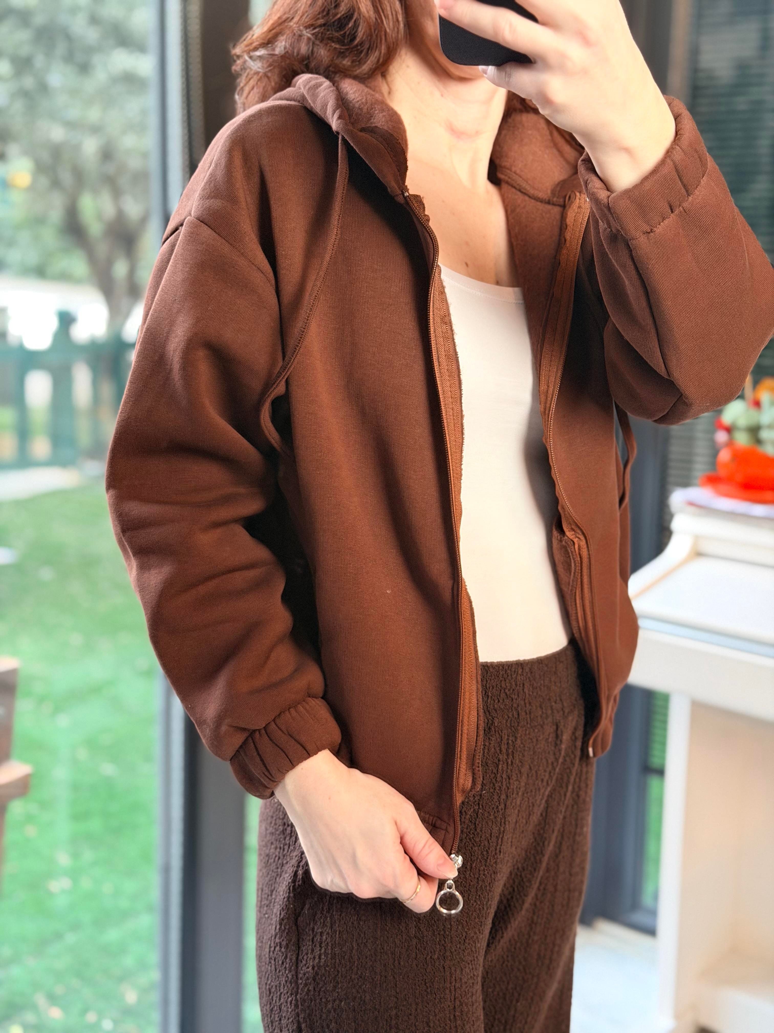 Kapüşonlu Kısa Kahverengi Sweatshirt 