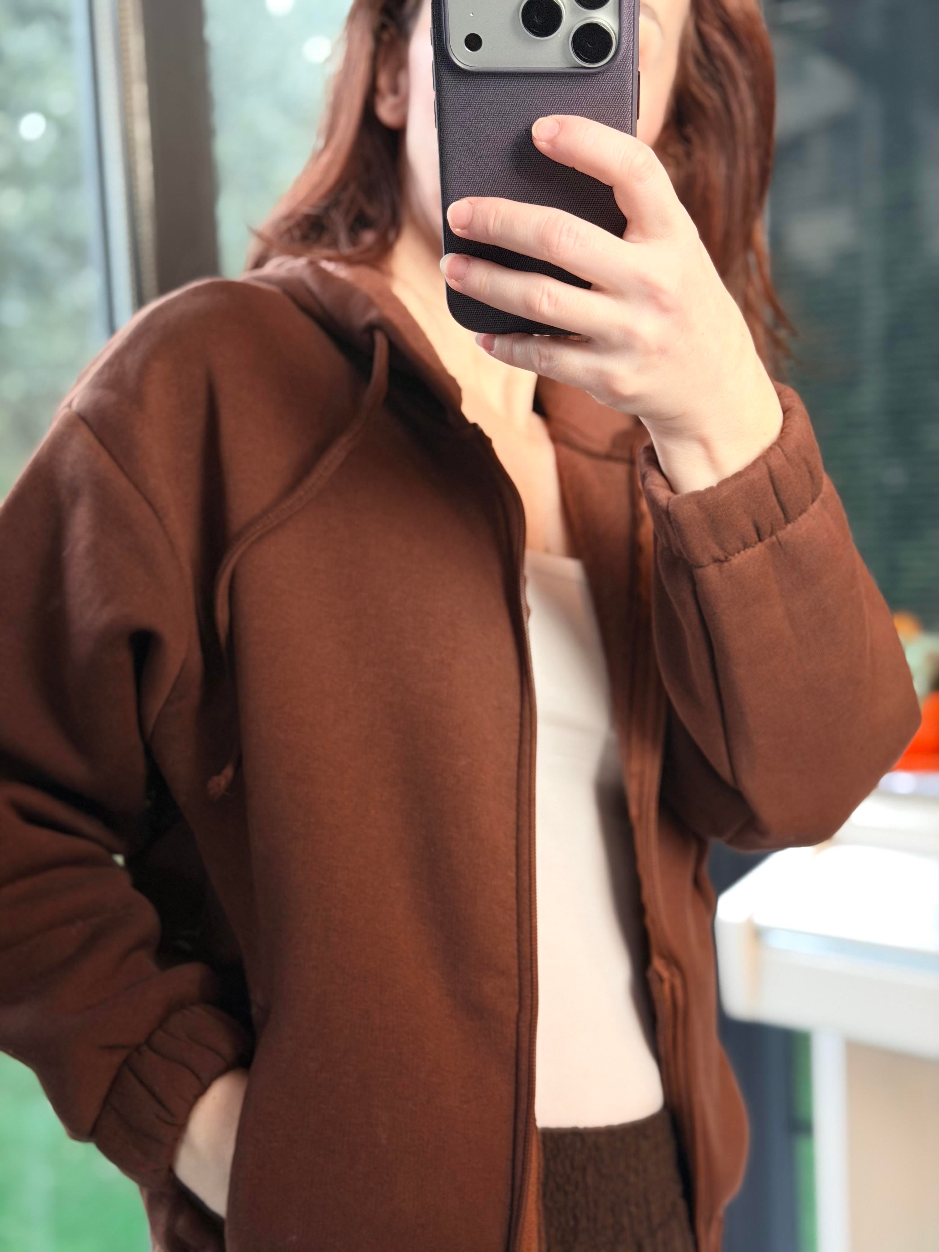 Kapüşonlu Kısa Kahverengi Sweatshirt 
