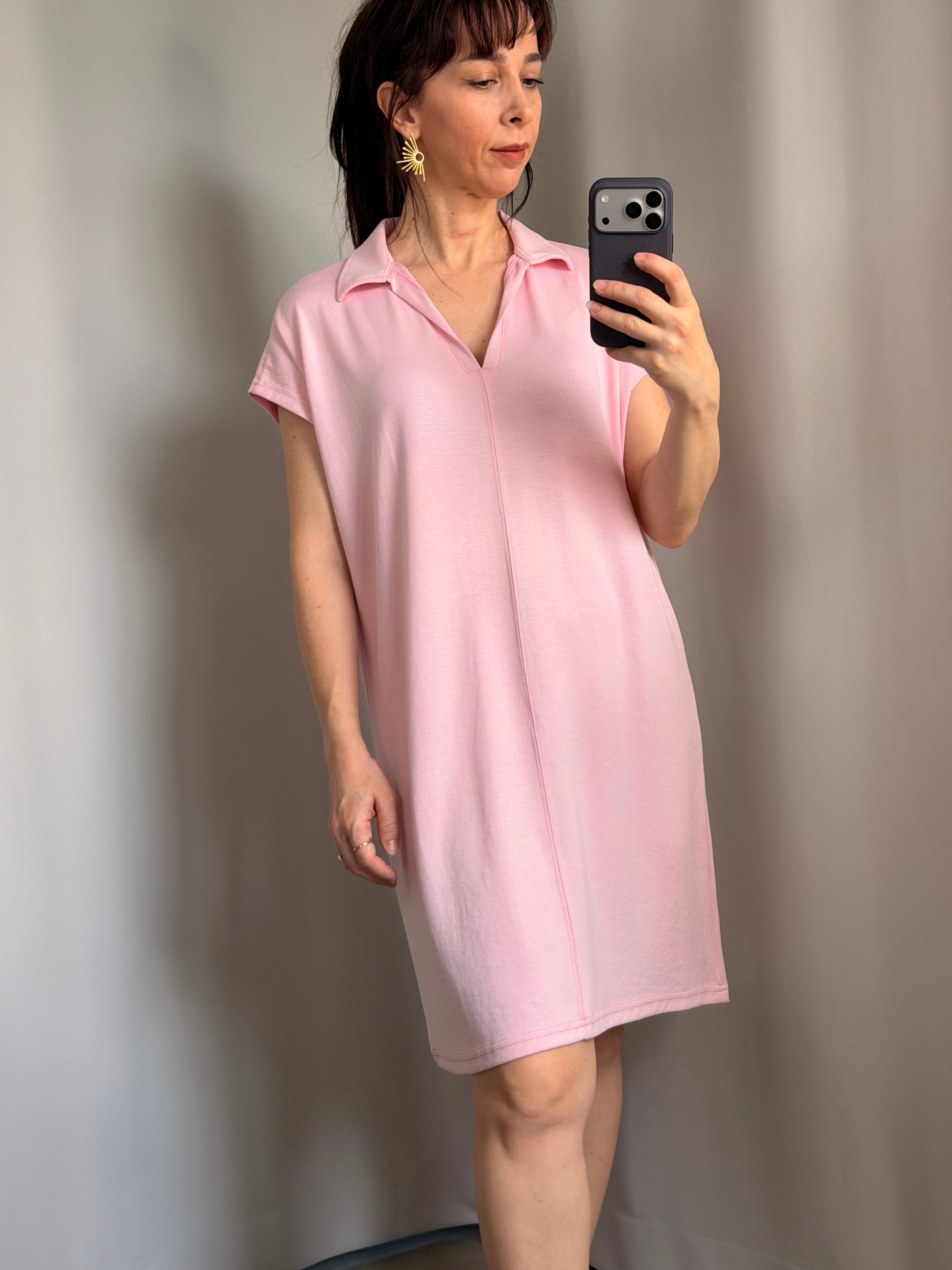 Yakalı Diz Üstü Pembe Renk Elbise