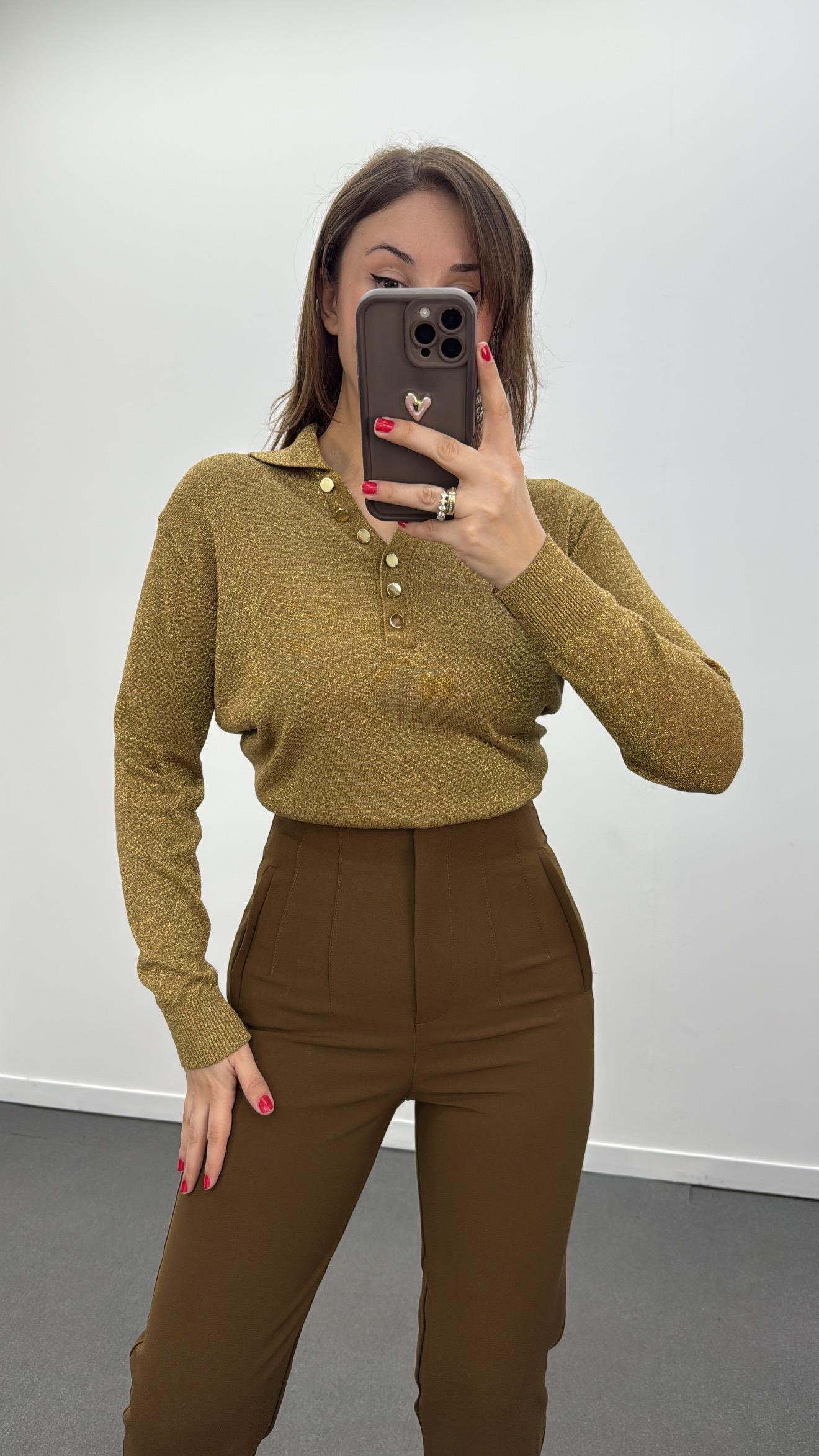 Alba Gold Renk Simli Polo Yaka Bluz