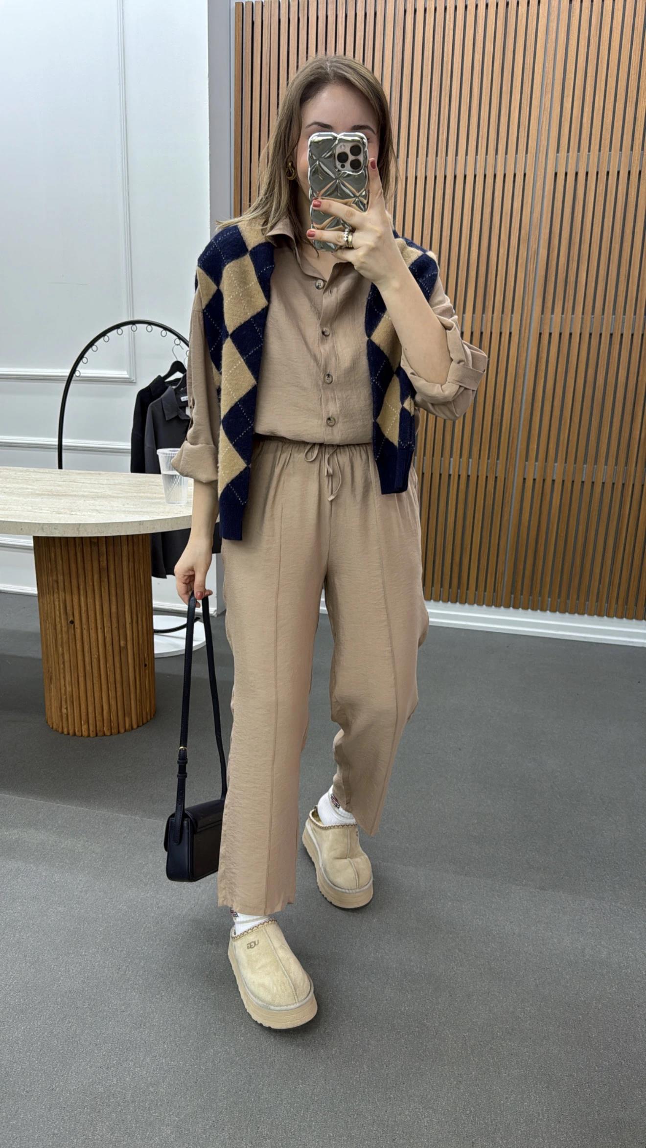 Alita Bej Tensel Gömlek Ve Pantolon Takımı