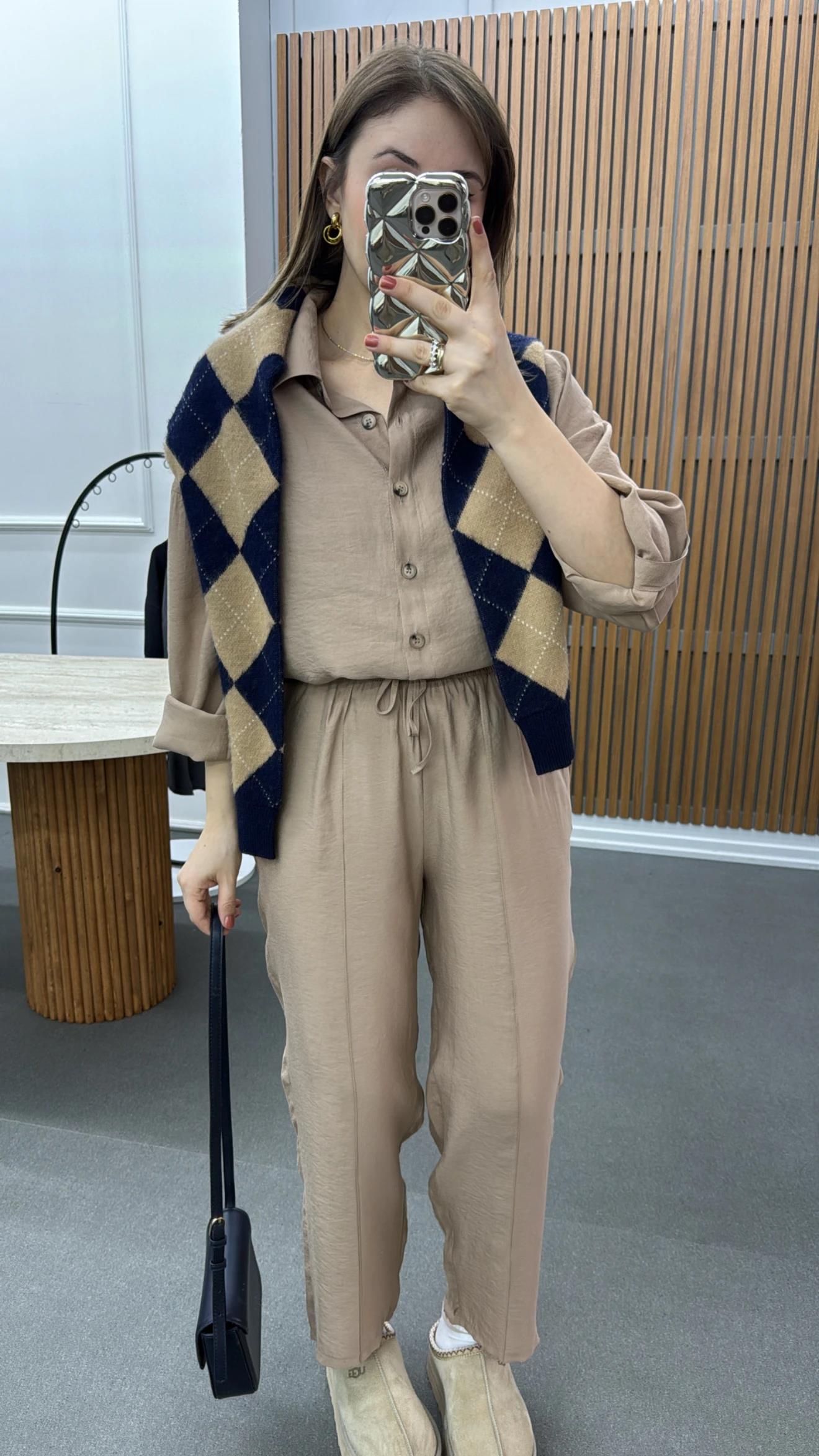 Alita Bej Tensel Gömlek Ve Pantolon Takımı