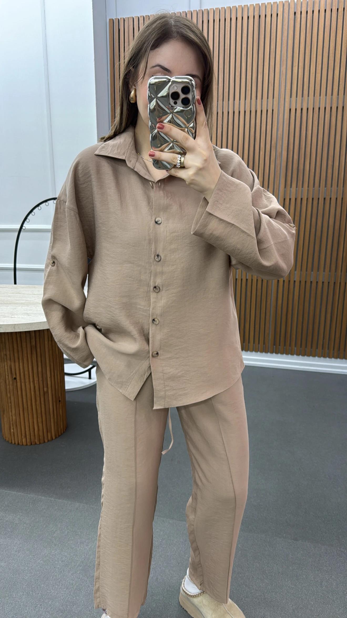 Alita Bej Tensel Gömlek Ve Pantolon Takımı