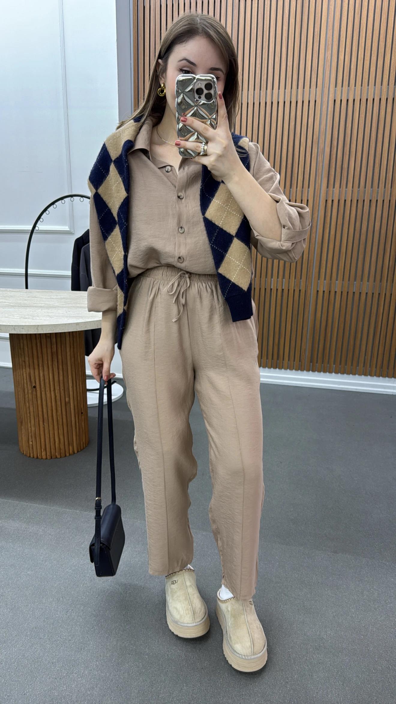 Alita Bej Tensel Gömlek Ve Pantolon Takımı