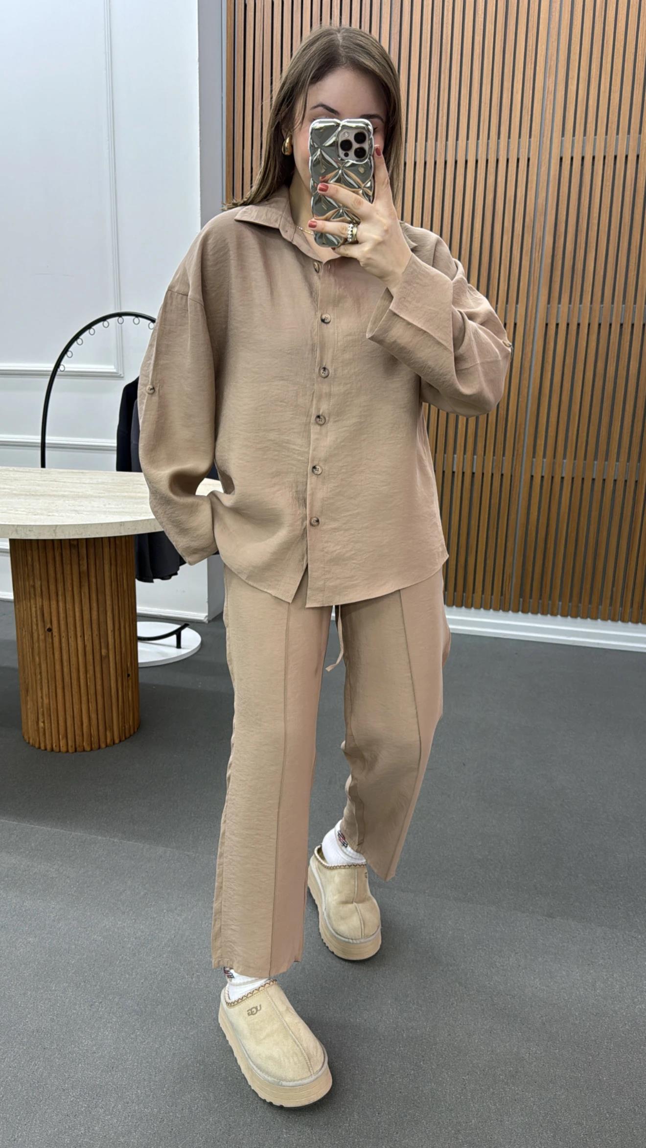 Alita Bej Tensel Gömlek Ve Pantolon Takımı