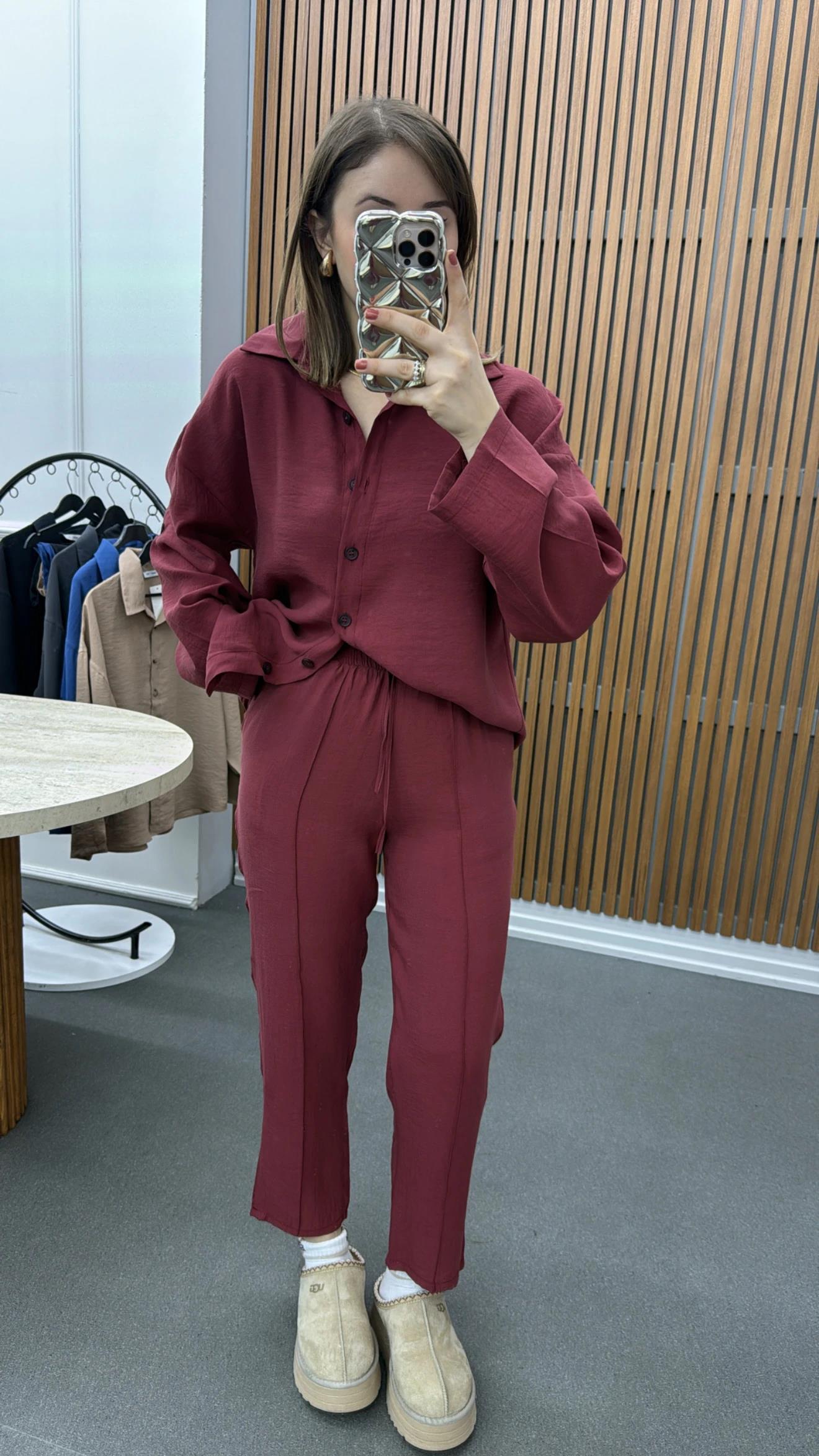 Alita Bordo Tensel Gömlek Ve Pantolon Takımı